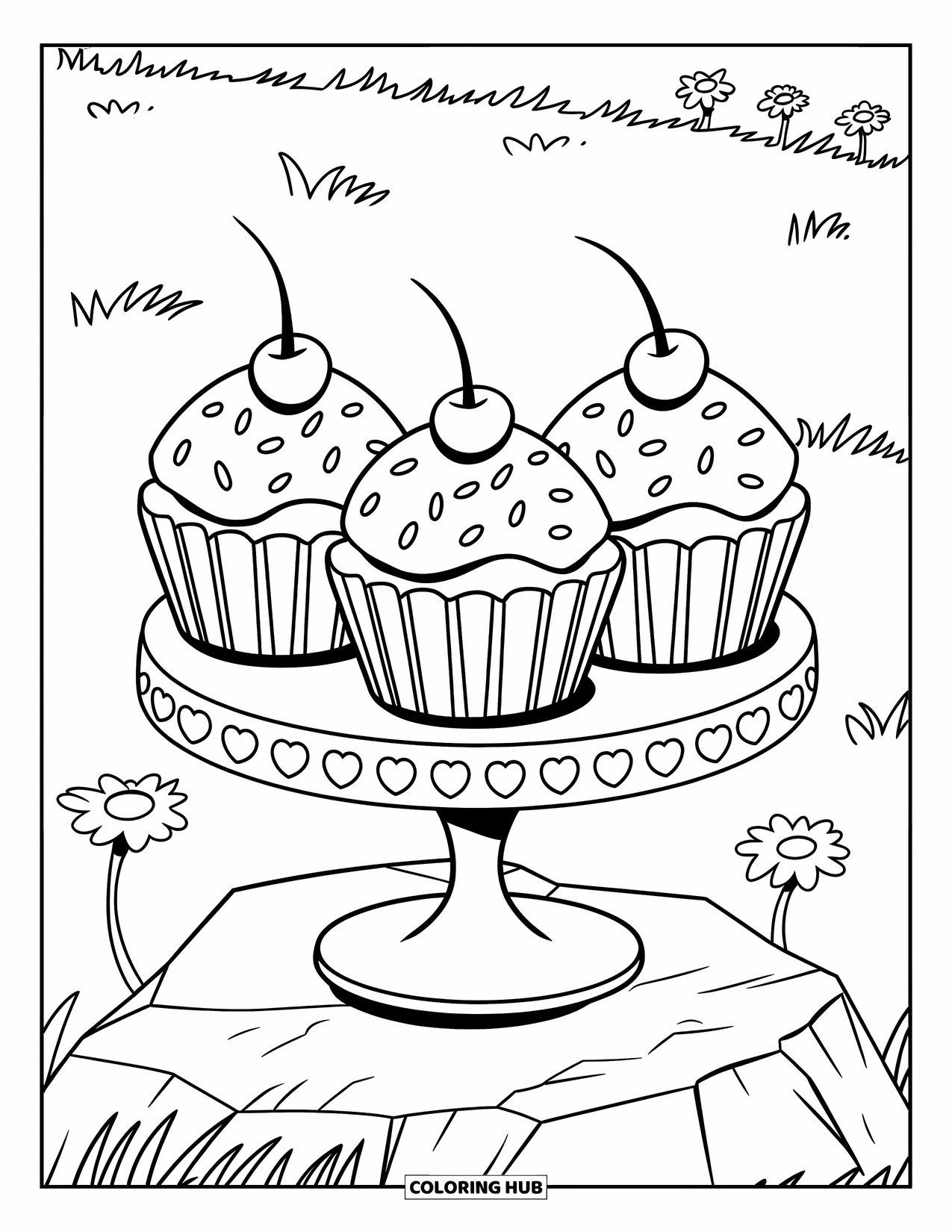 Coloriage d'aliments pour enfants : Présentoir à cupcakes sur l'herbe avec des cerises, des vermicelles et des détails de fleurs
