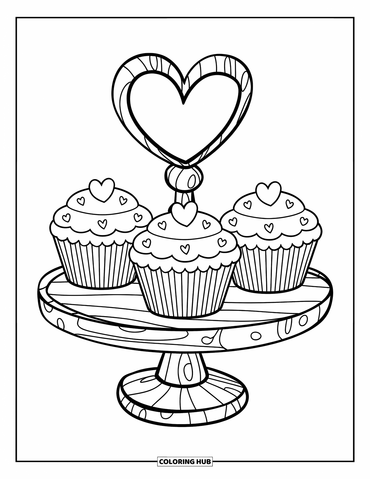 Coloriage d'aliments pour enfants : Présentoir à cupcakes avec trois cupcakes décorés de cœurs et une décoration de cœur en bois