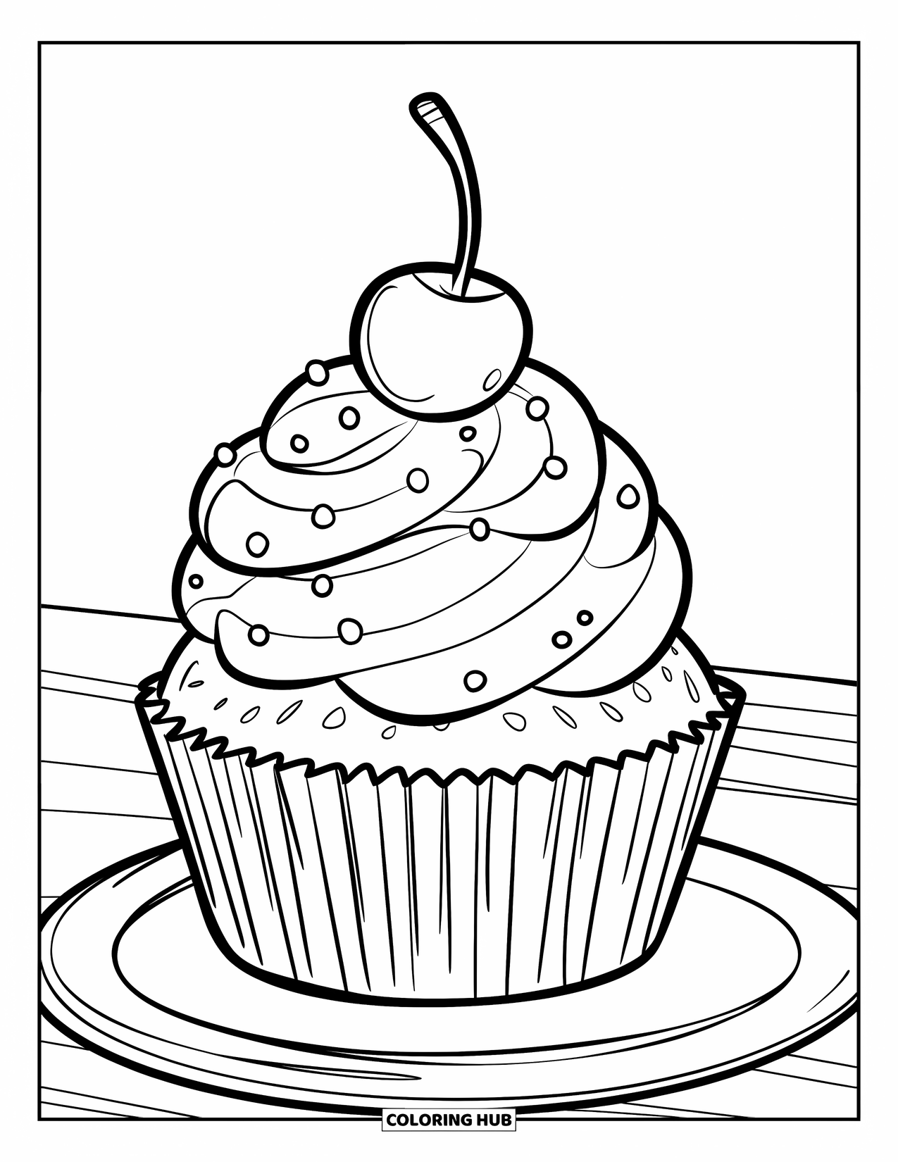 Coloriage d'aliments pour enfants : Cupcake avec un gros tourbillon de glaçage et une cerise sur le dessus