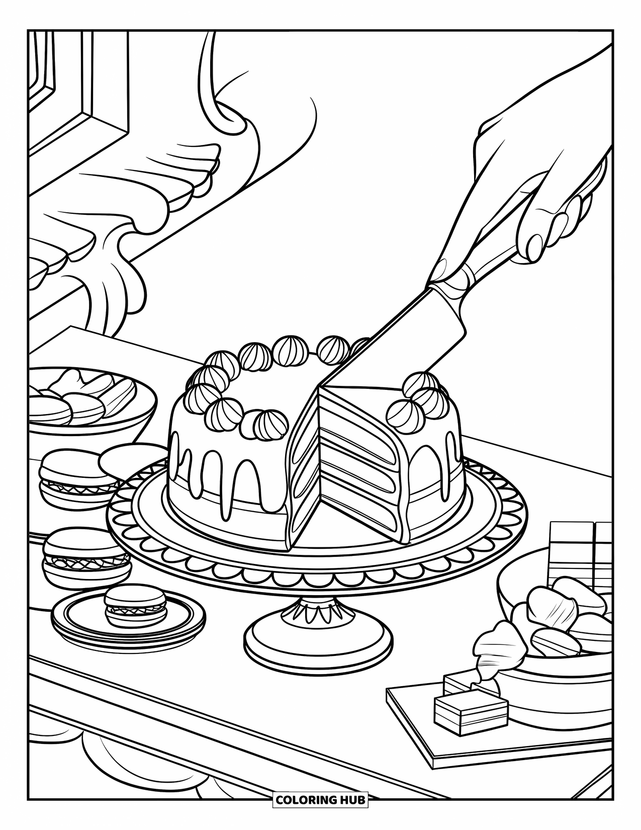 Coloriage d'aliments pour enfants : Gâteau décoré entouré de friandises comme des macarons et des barres de chocolat