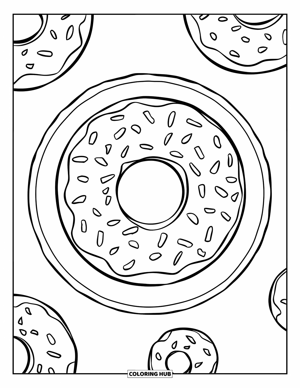 Coloriage d'aliments pour enfants : Beignet avec de petits cercles de vermicelles et un contour propre