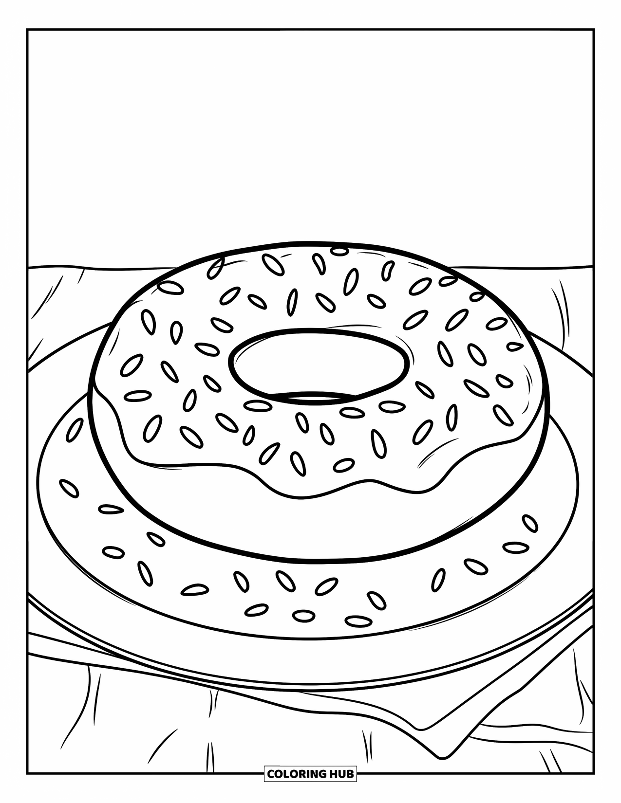 Coloriage d'aliments pour enfants : Beignet avec des vermicelles éparpillées et une assiette simple