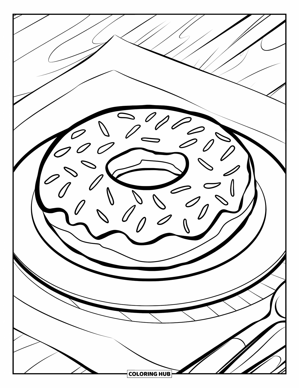 Coloriage d'aliments pour enfants : Beignet avec des vermicelles et des ustensiles sur une table en bois