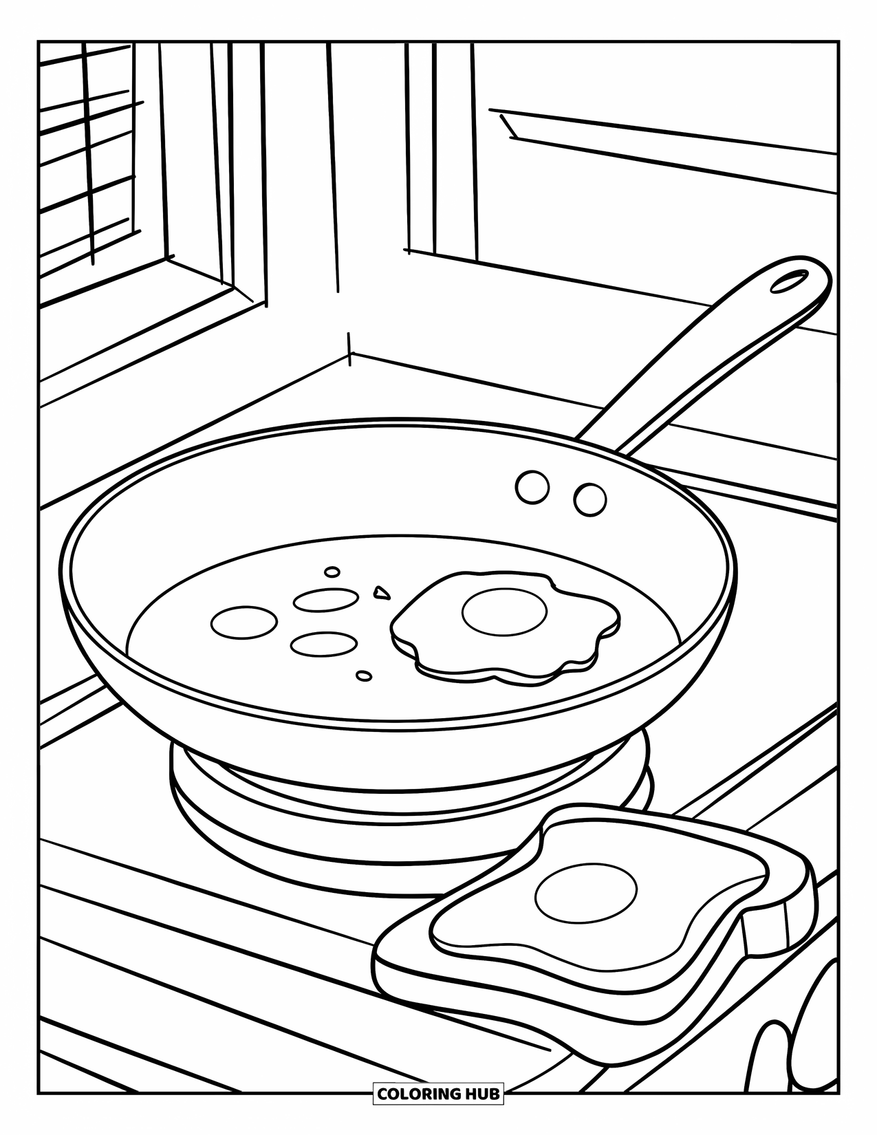 Coloriage d'aliments pour enfants : Œuf et pain grillé grésillant dans une poêle dans une cuisine ensoleillée