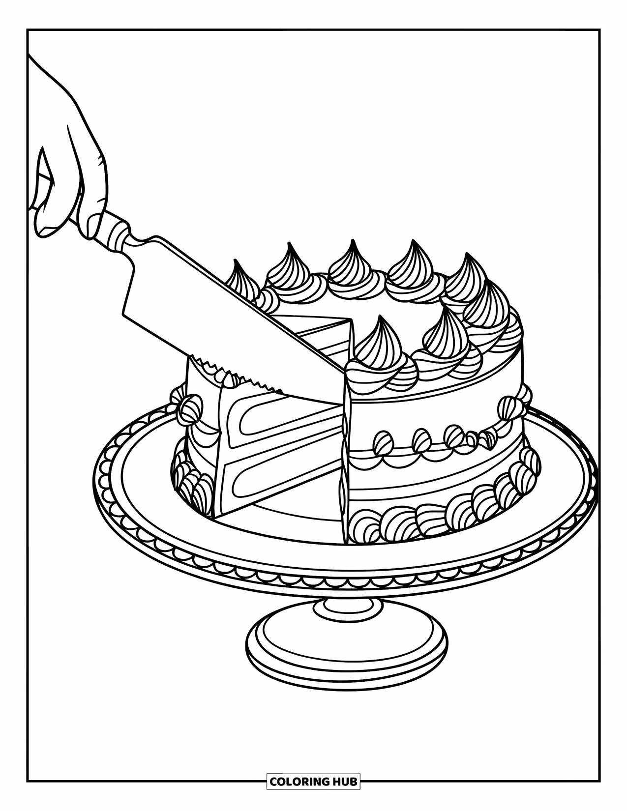 Coloriage d'aliments pour enfants : Gâteau fantaisie en train d'être tranché sur une assiette décorée avec des couches et du glaçage