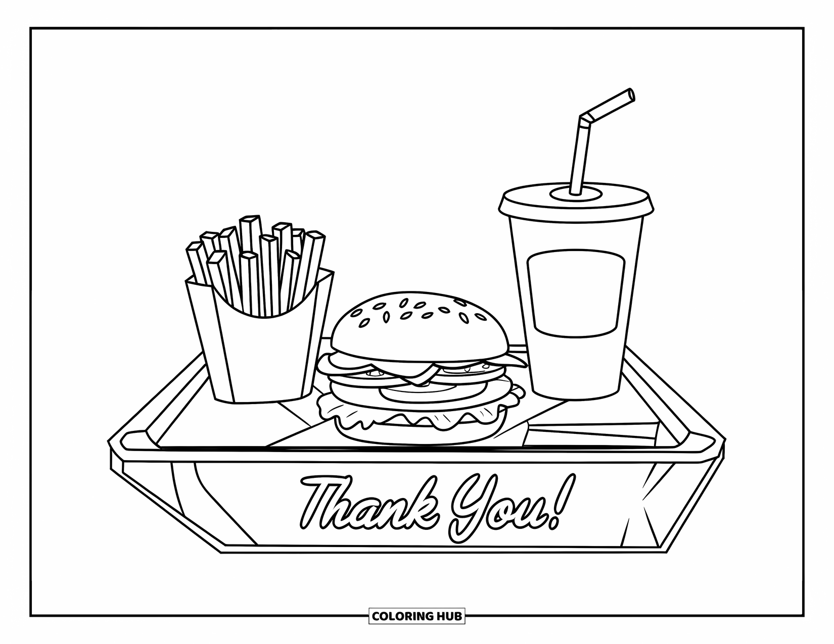 Coloriage d'aliments pour enfants : Plateau de restauration rapide avec burger, frites, boisson et une note de remerciement amicale