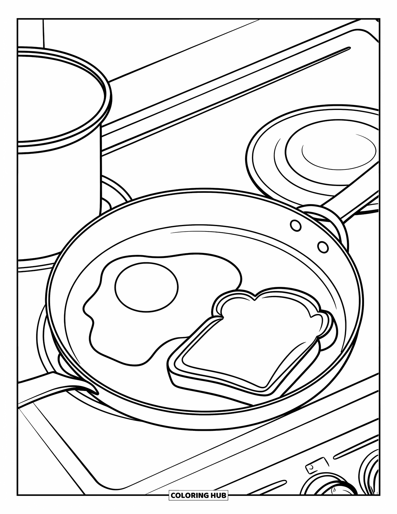 Coloriage d'aliments pour enfants : Œuf au plat et pain grillé à côté d'une casserole sur une cuisinière