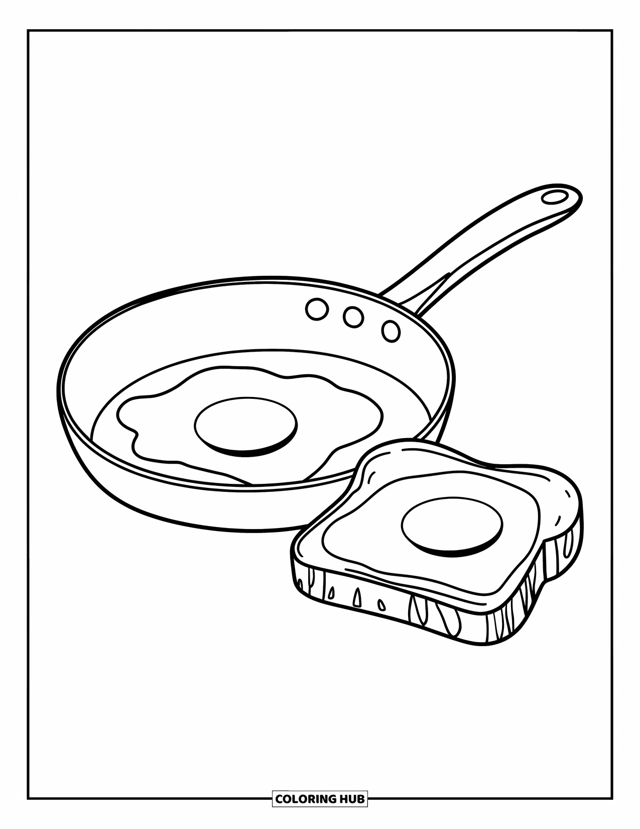 Coloriage d'aliments pour enfants : Œuf au plat et pain grillé cuisinant à côté d'une casserole sur une cuisinière propre