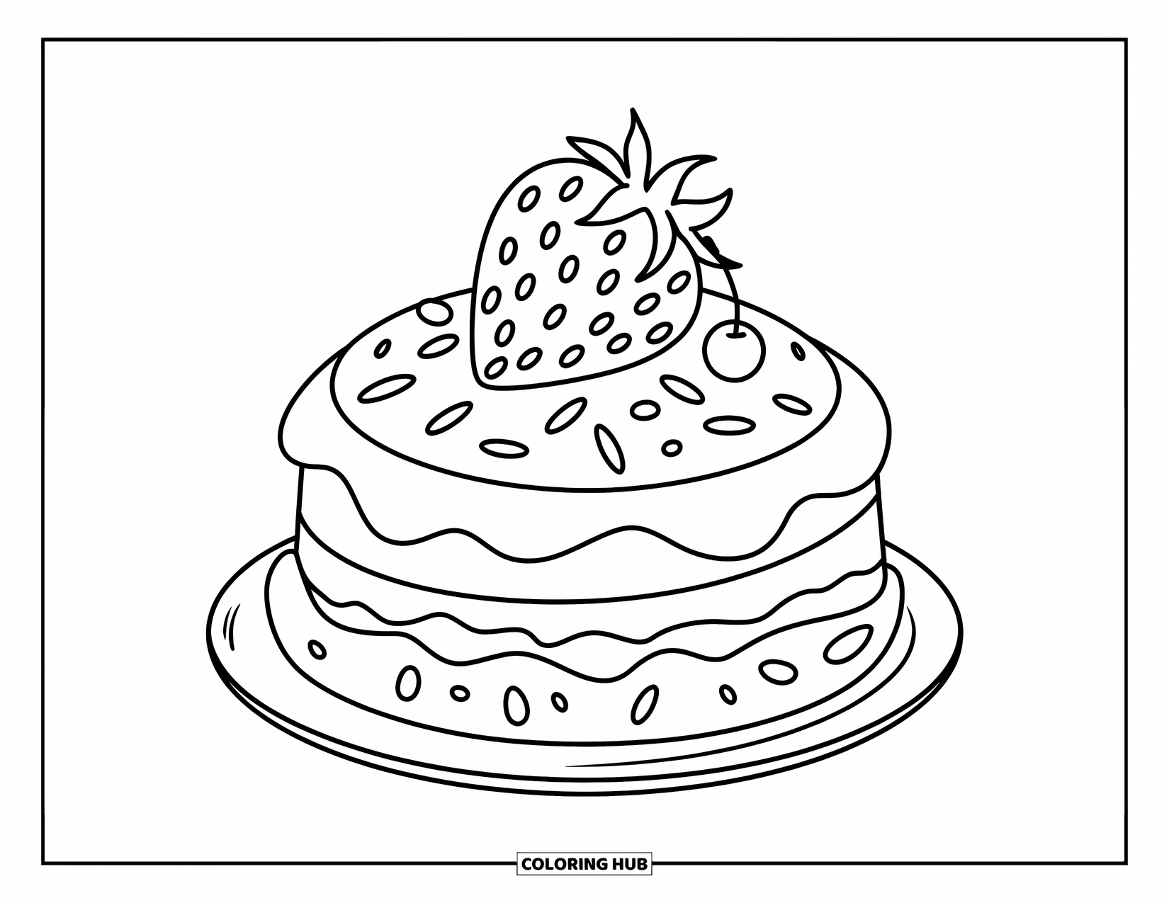 Coloriage d'aliments pour enfants : Shortcake glacé garni de vermicelles, d'une cerise et d'une fraise