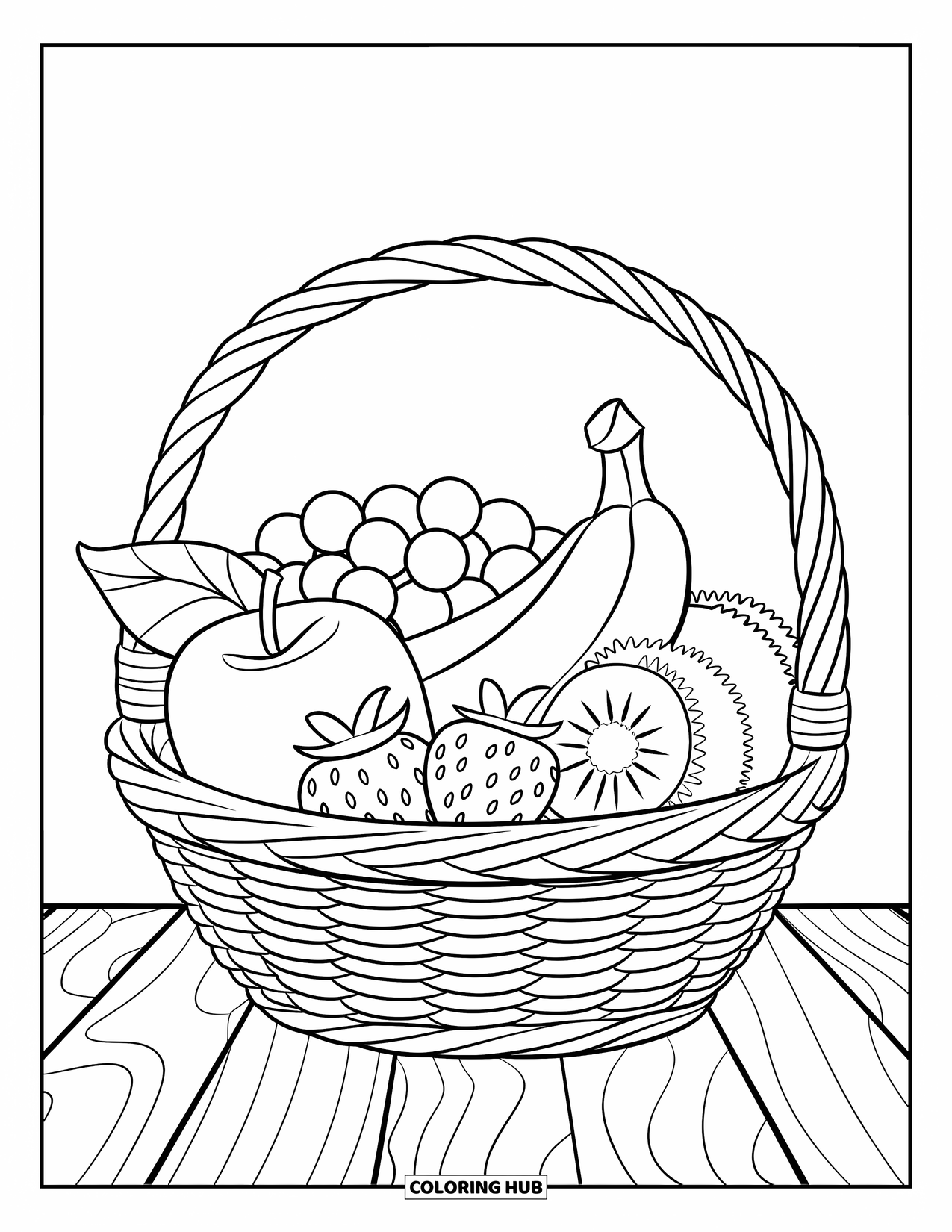 Coloriage d'aliments pour enfants : Panier de fruits avec une variété savoureuse assis sur une surface en bois