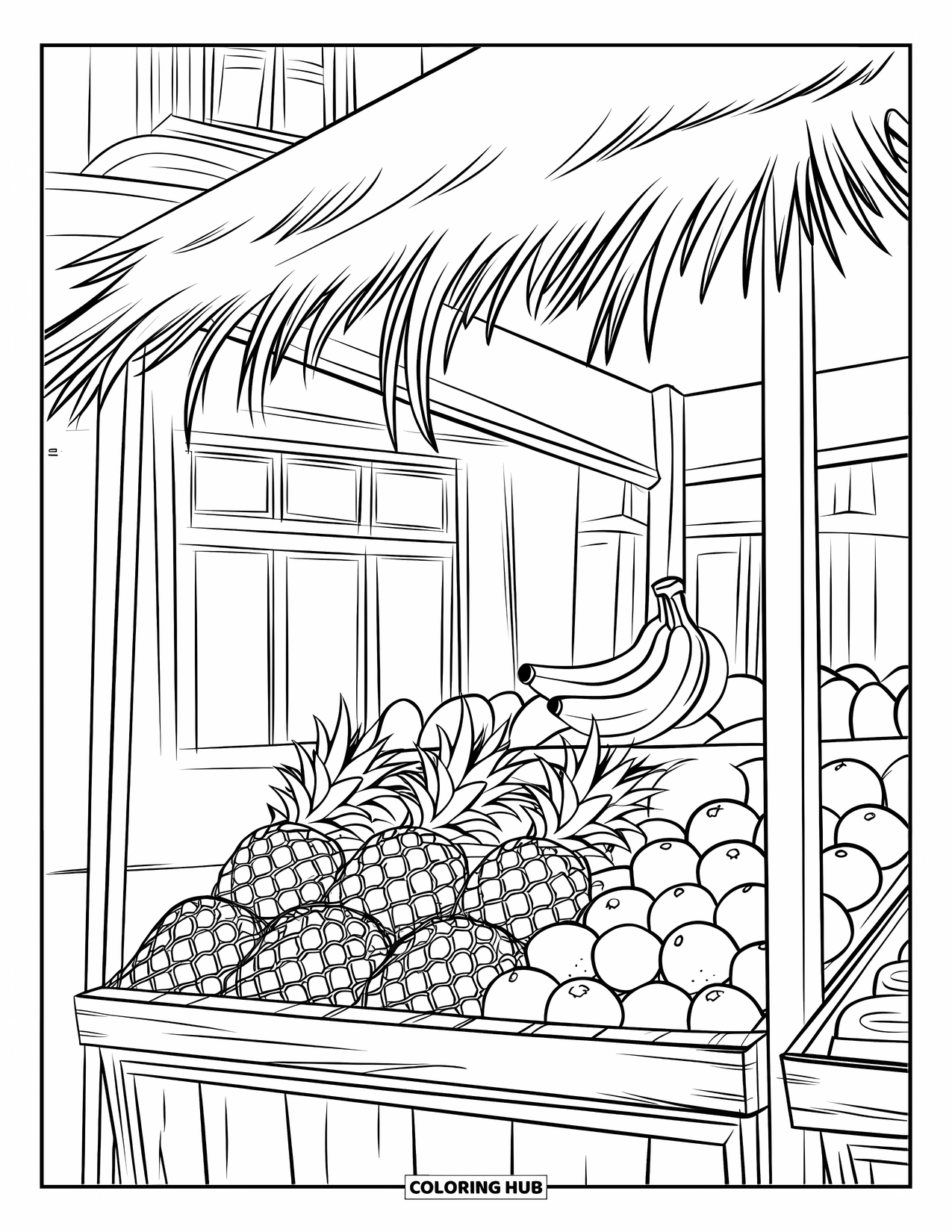 Coloriage d'aliments pour enfants : Étal de marché de fruits avec des ananas, des oranges et un cadre en bois empilés