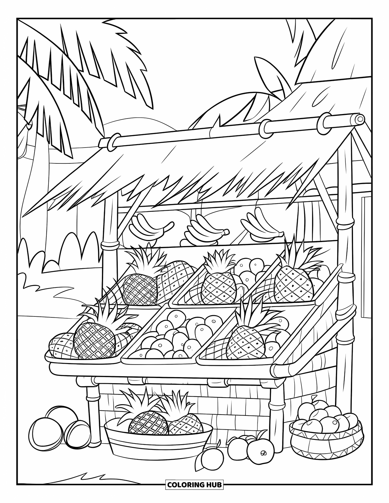 Coloriage d'aliments pour enfants : Étal de fruits avec des ananas, des bananes et un toit de chaume