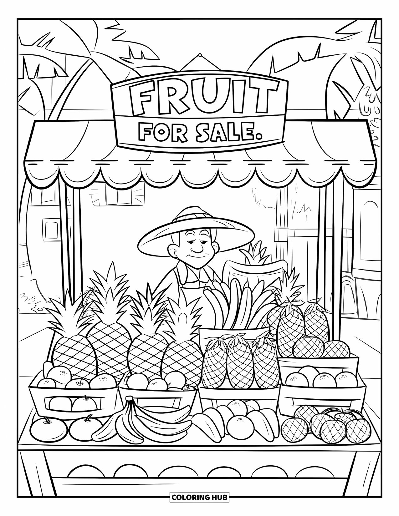 Coloriage d'aliments pour enfants : Vendeur de fruits coiffé d'un chapeau vendant des fruits tropicaux sous des palmiers