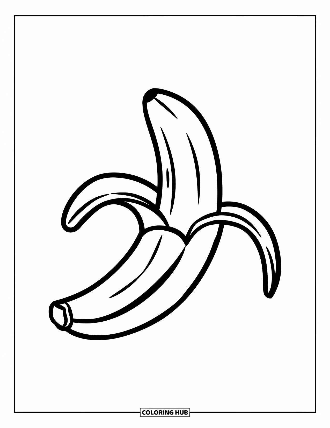 Coloriage d'aliments pour enfants : Banane à moitié pelée avec des lignes audacieuses sur un fond propre
