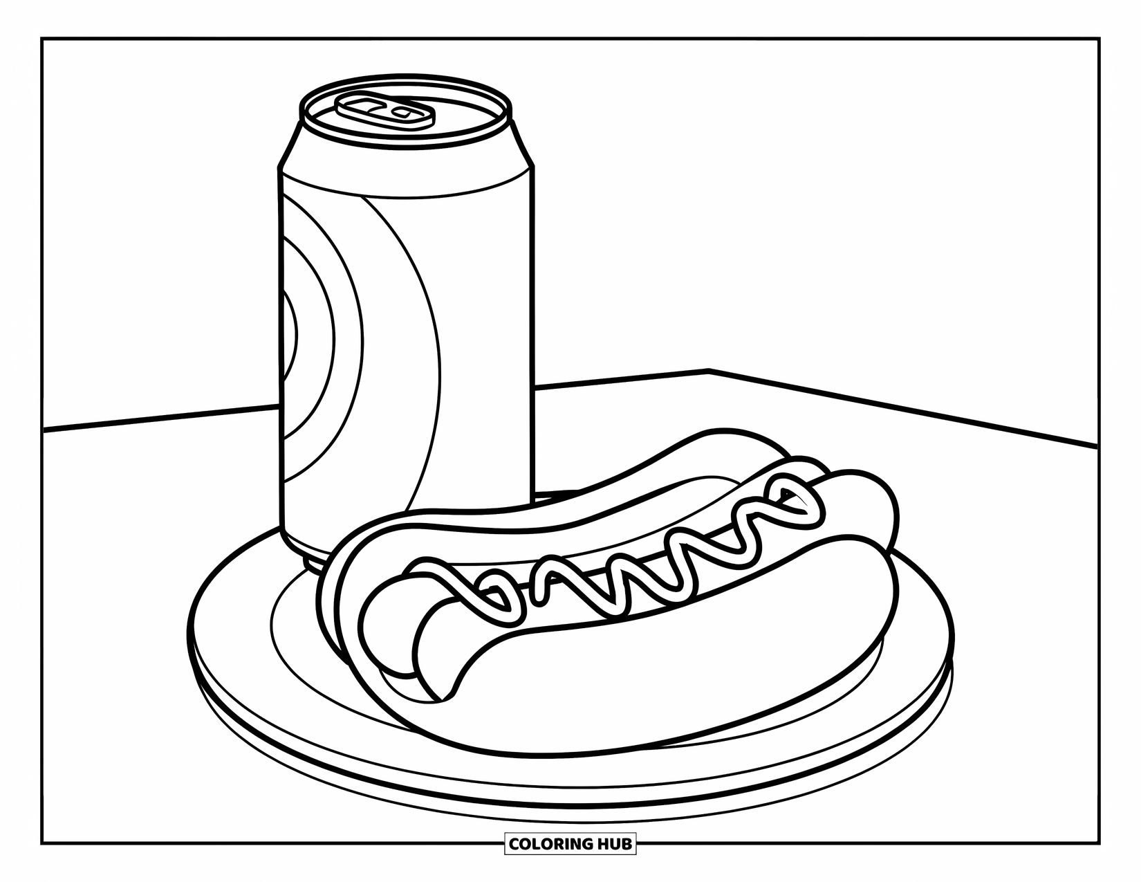 Coloriage d'aliments pour enfants : Hot-dog et soda servis sur une assiette à une table simple