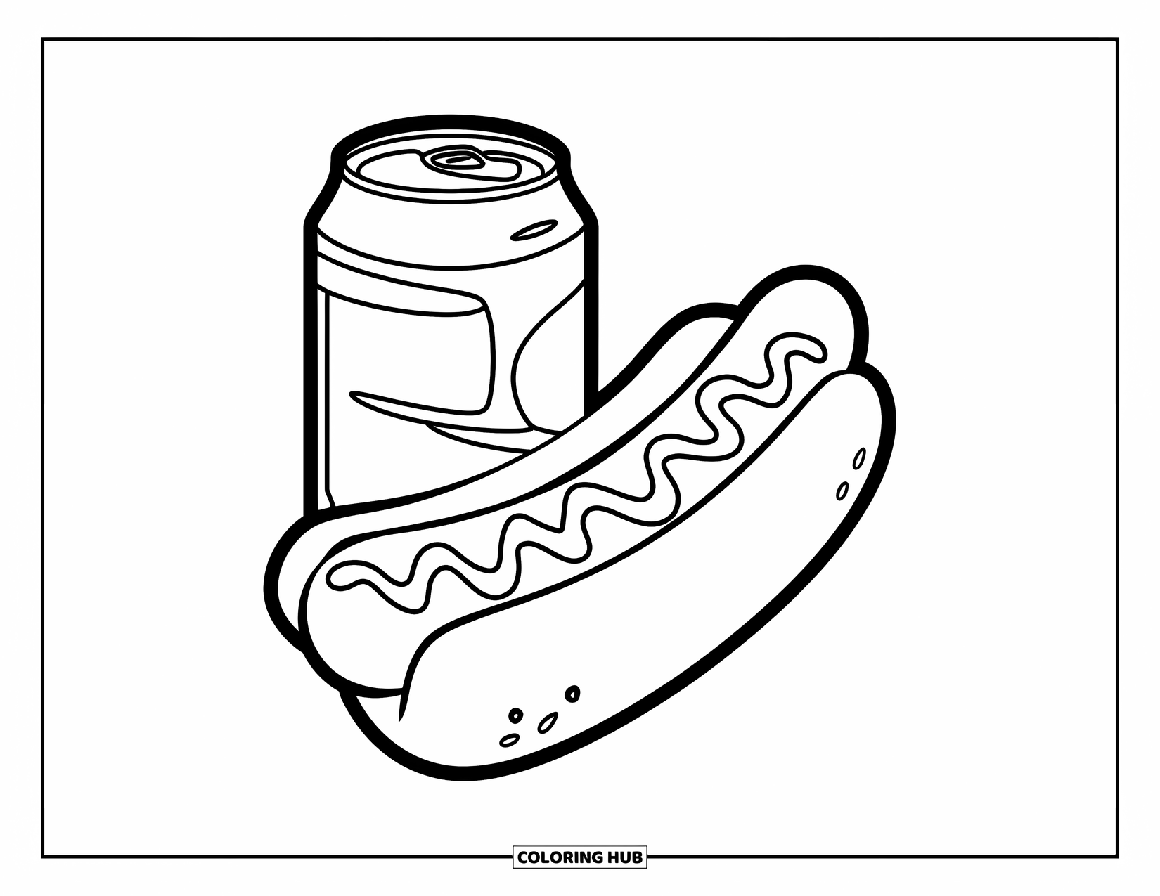 Coloriage d'aliments pour enfants : Hot-dog avec ketchup et moutarde à côté d'une canette de soda