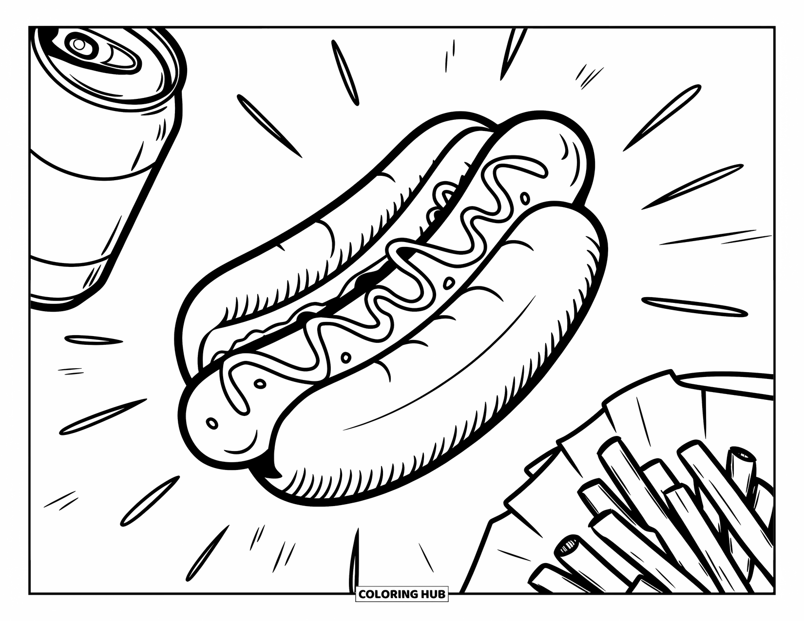 Coloriage d'aliments pour enfants : Hot-dog avec soda et frites entouré de lignes ondulées rayonnantes