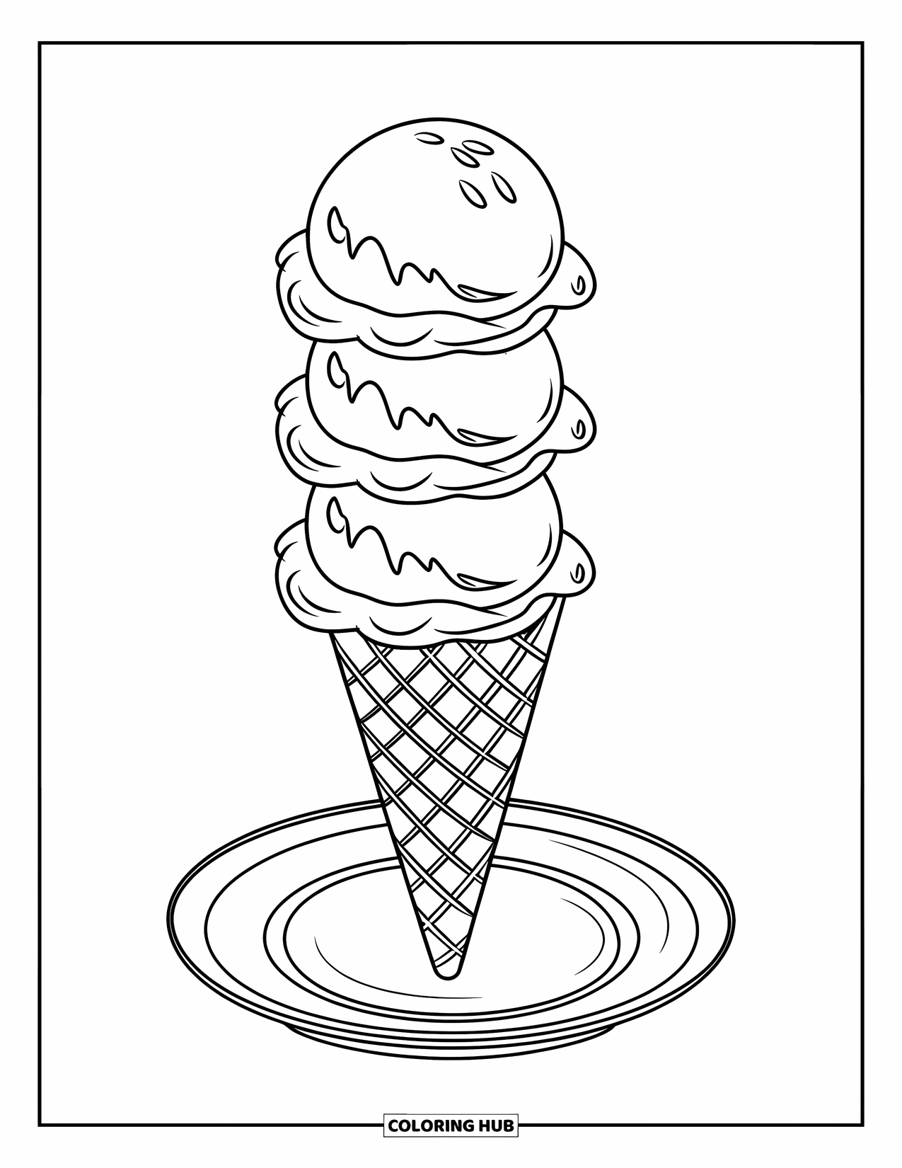 Coloriage d'aliments pour enfants : Cornet de crème glacée avec trois boules sur une assiette blanche
