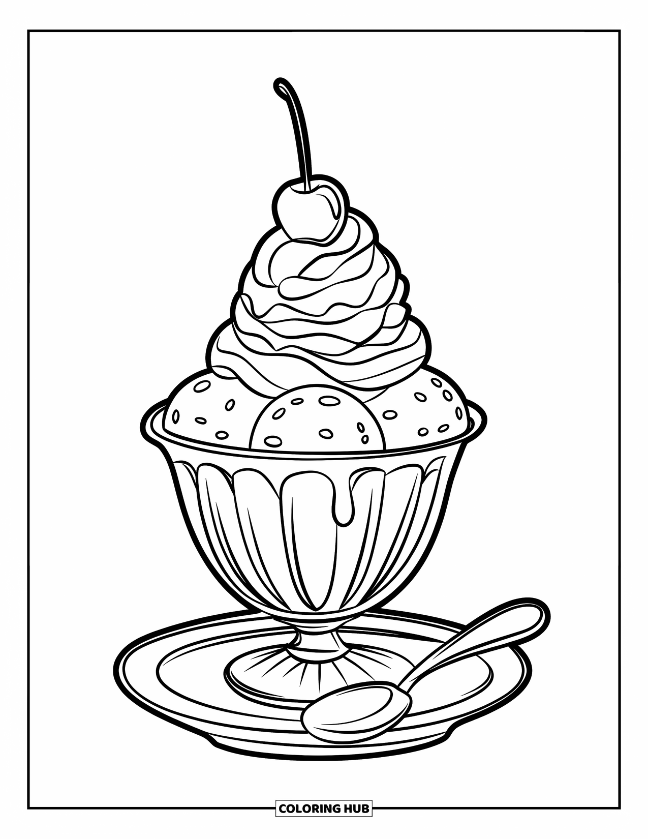 Coloriage d'aliments pour enfants : Coupe glacée dans un bol avec une cerise et une cuillère à proximité