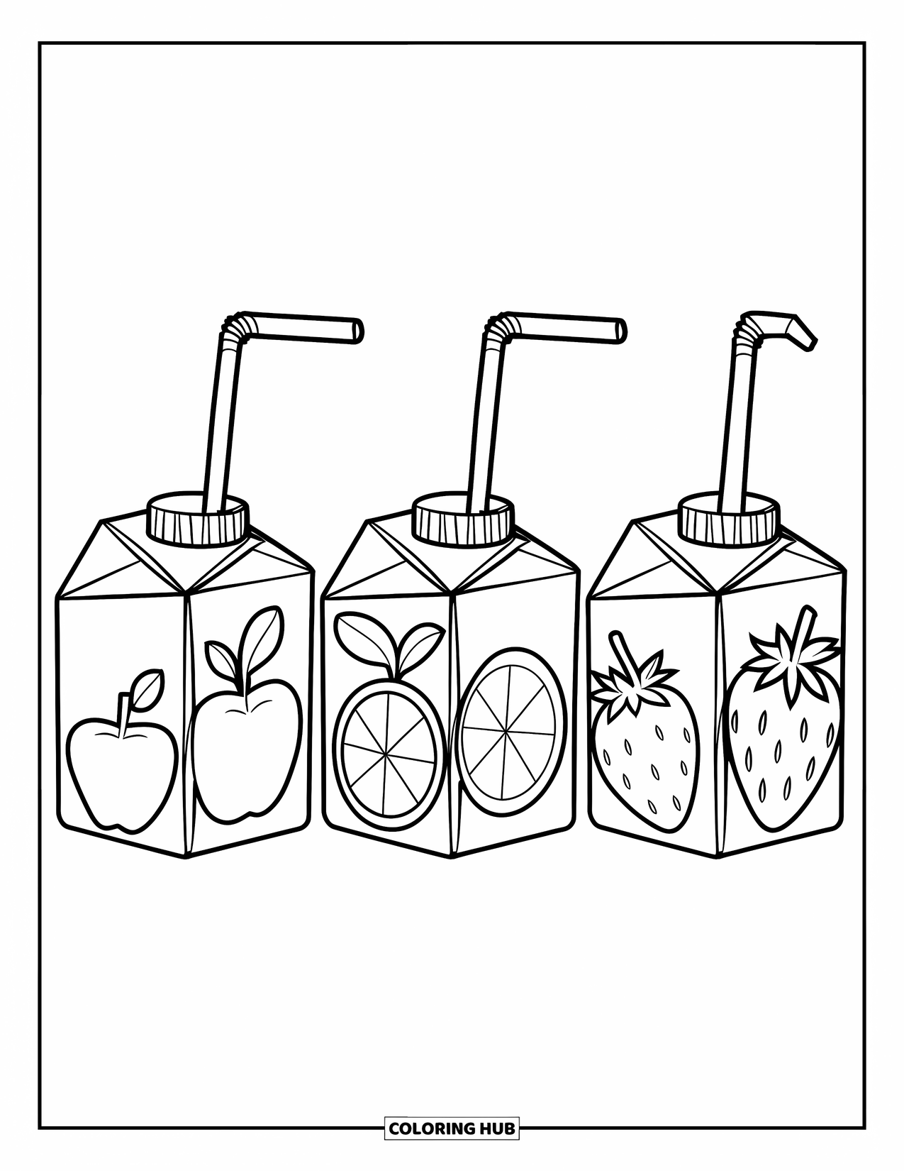 Coloriage d'aliments pour enfants : Boîtes de jus avec des dessins de pomme, d'orange et de fraise dans une rangée amusante