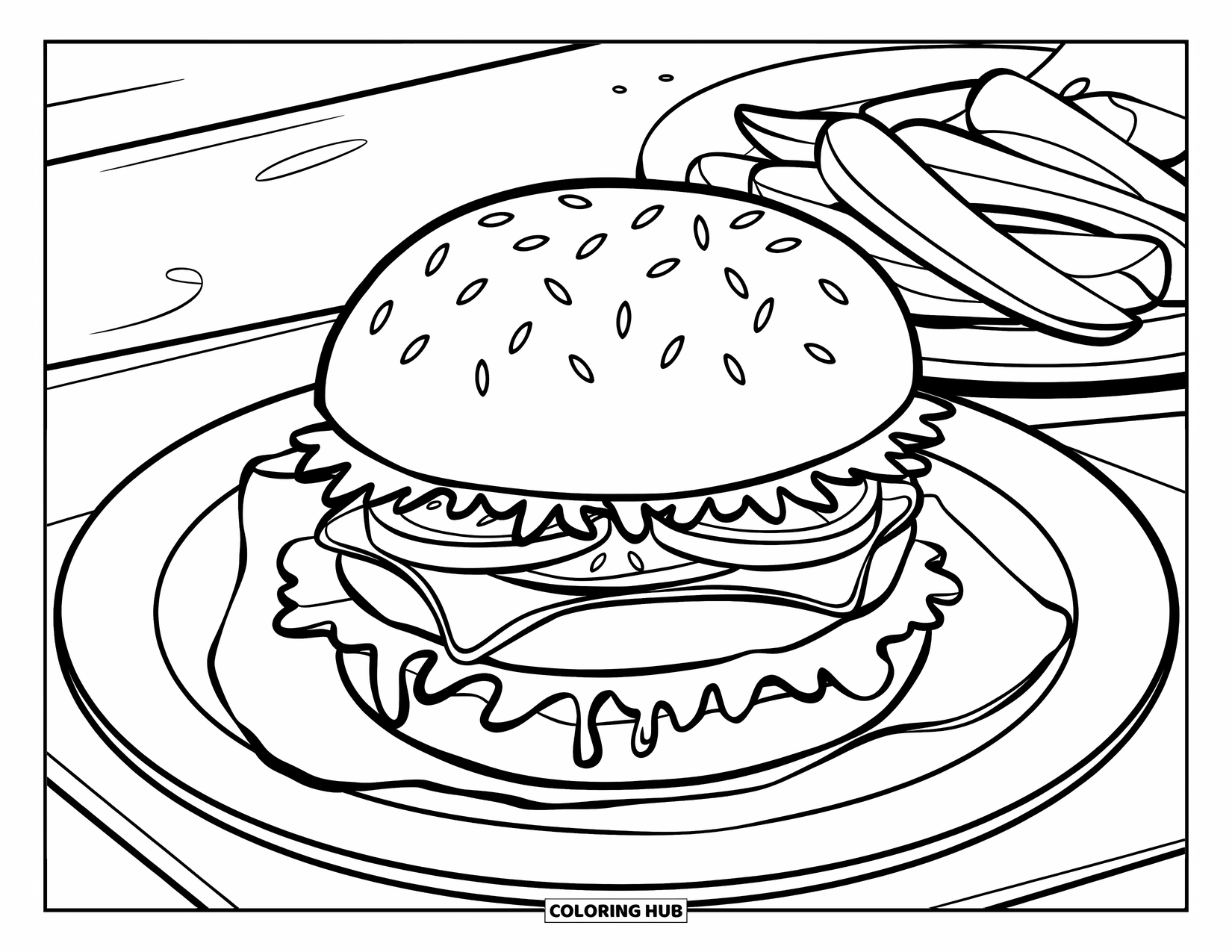 Coloriage d'aliments pour enfants : Burger juteux avec du fromage fondu, de la laitue, de la tomate et des frites sur le côté