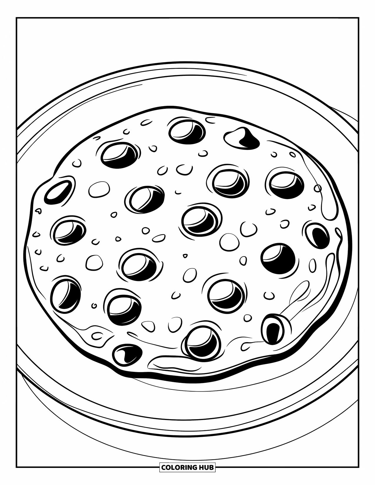 Coloriage d'aliments pour enfants : Grand biscuit aux pépites de chocolat sur une assiette avec du sucre saupoudré sur le dessus