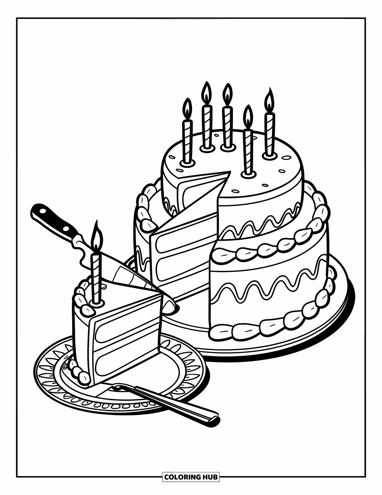 Coloriage d'aliments pour enfants : Gâteau à étages avec des bougies en train d'être tranché sur une assiette élégante