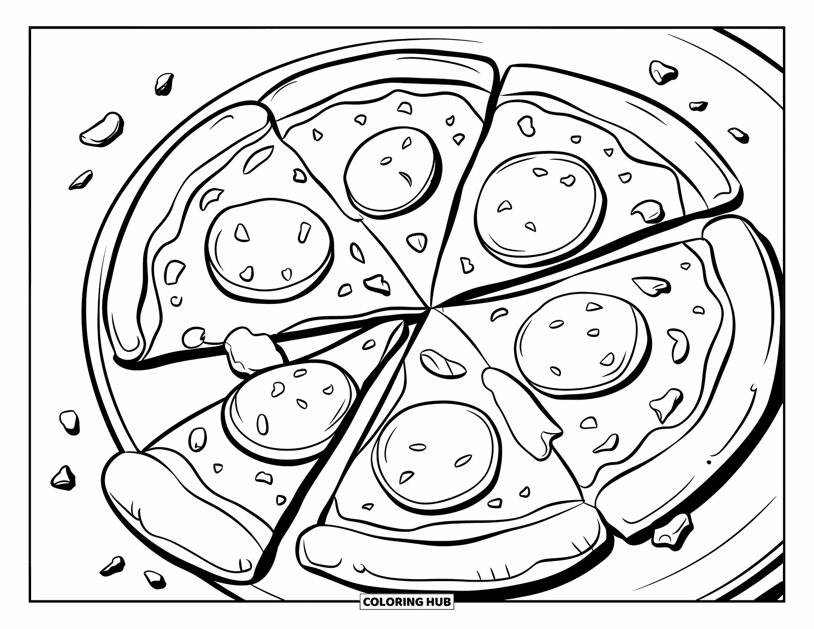 Coloriage d'aliments pour enfants : Part de pizza au fromage fondu avec du pepperoni et des détails de miettes