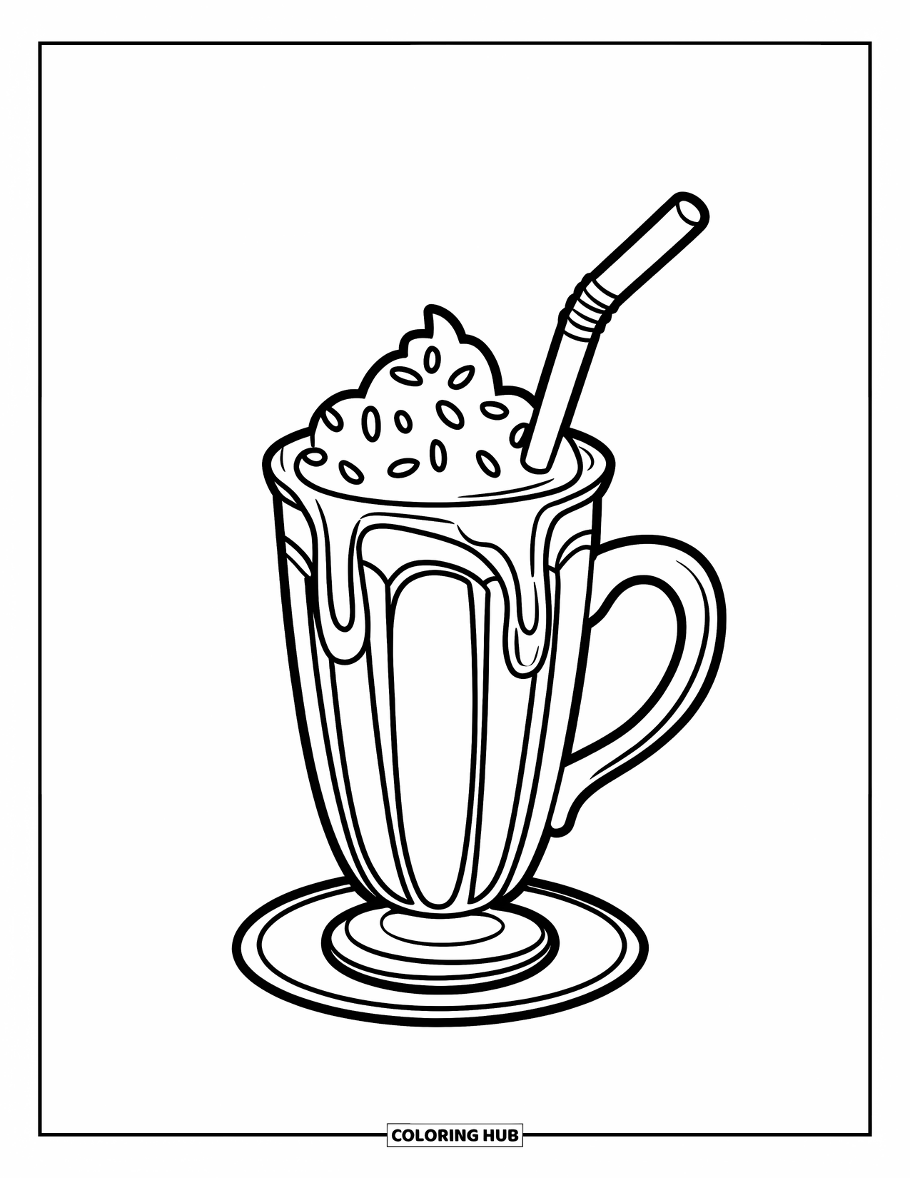 Coloriage d'aliments pour enfants : Milkshake dans une grande tasse avec une paille flexible et des vermicelles sur le dessus