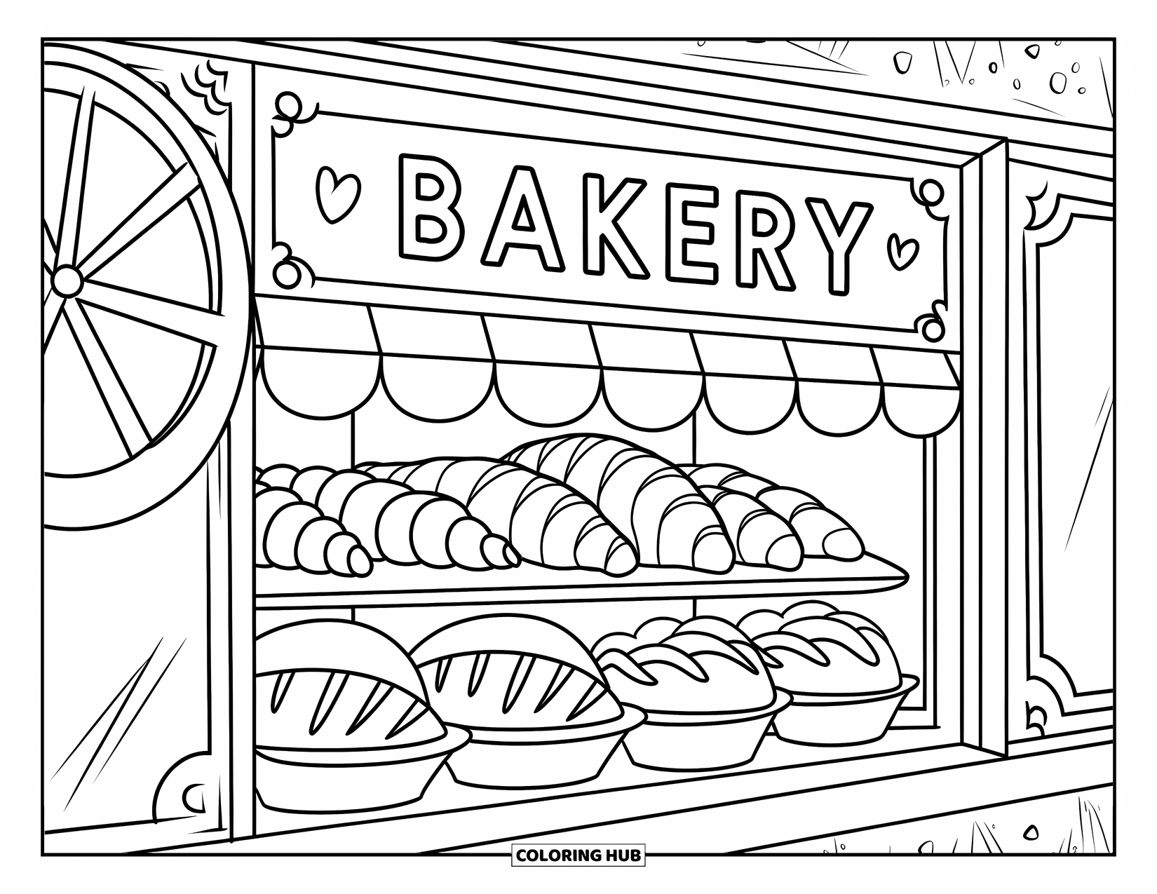 Coloriage d'aliments pour enfants : Vitrine de boulangerie remplie de pâtisseries avec des cœurs et des roues comme décor
