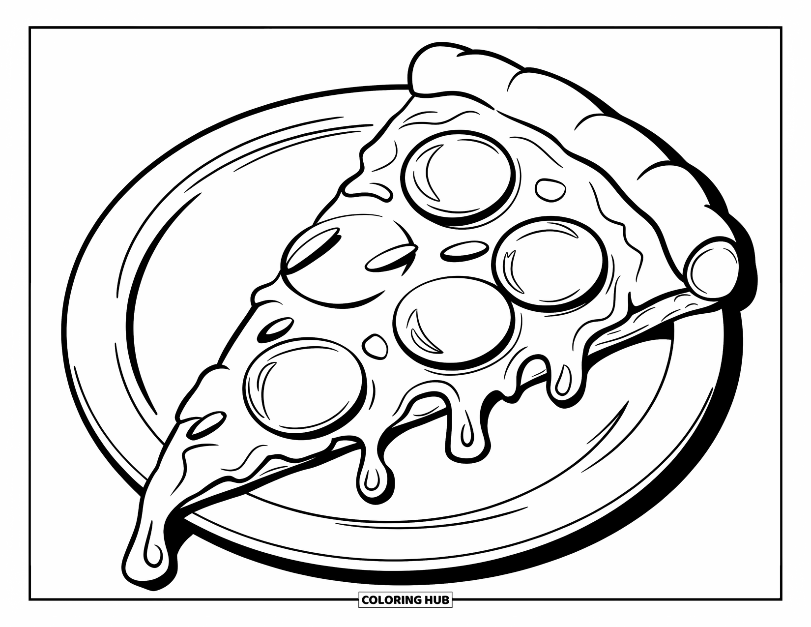 Coloriage d'aliments pour enfants : Part de pizza au pepperoni sur une assiette avec des contours gras