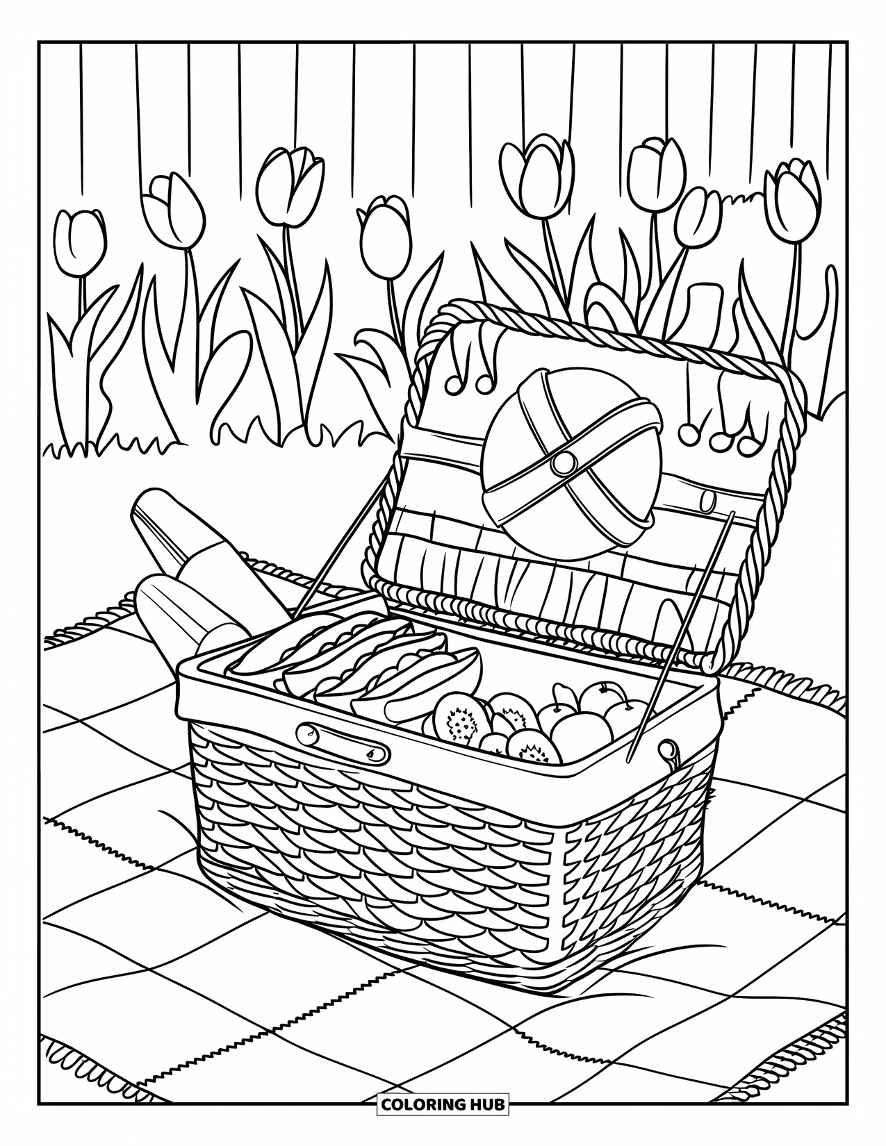 Coloriage d'aliments pour enfants : Panier de pique-nique avec des sandwichs et des fruits sur une couverture dans un jardin de tulipes