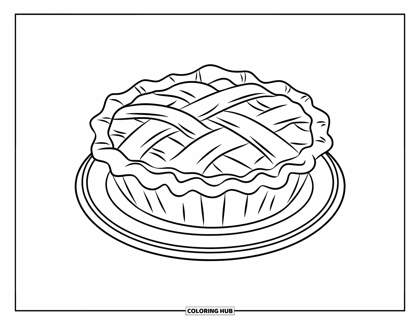 Coloriage d'aliments pour enfants : Tarte avec une croûte entrecroisée sur une assiette et un fond blanc propre