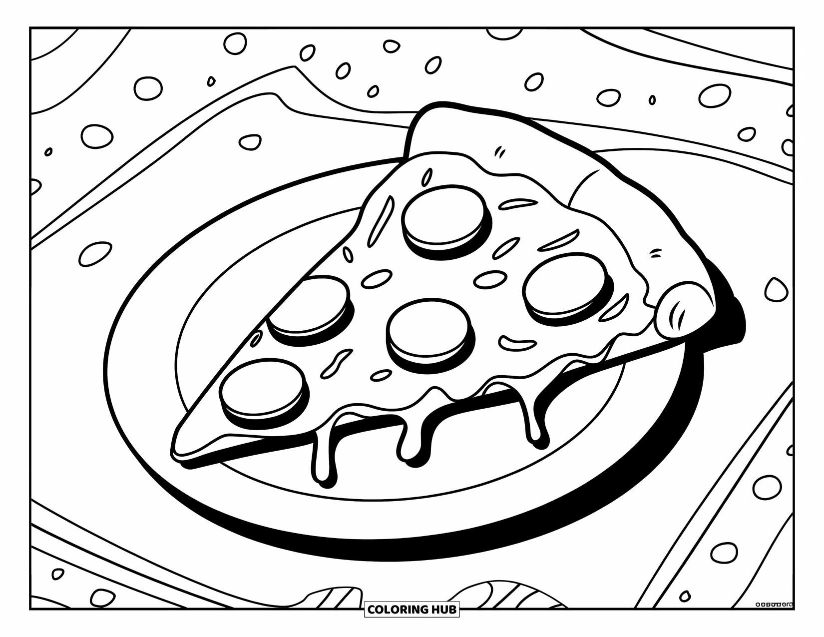 Coloriage d'aliments pour enfants : Part de pizza avec du fromage et du pepperoni, saupoudrée de points ludiques
