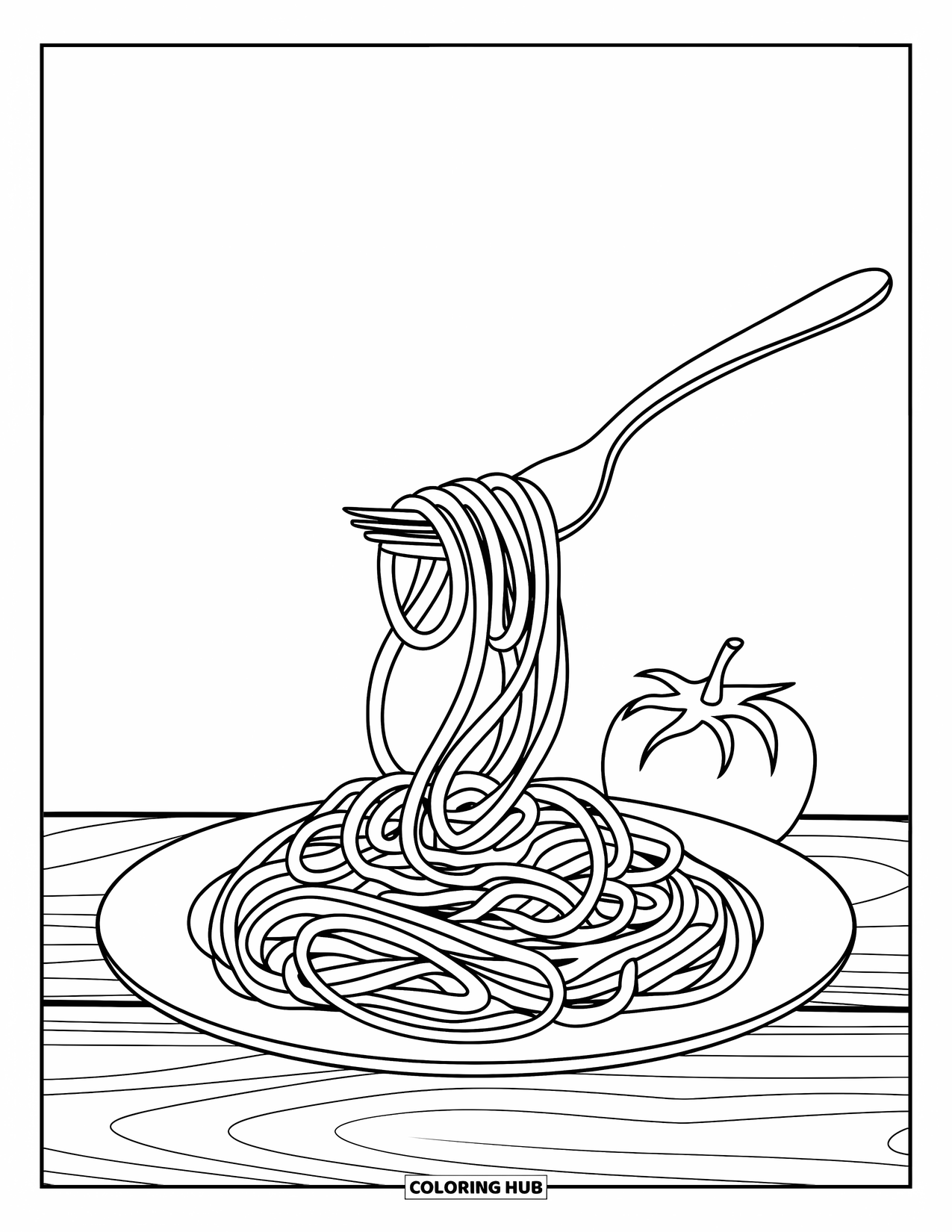 Coloriage d'aliments pour enfants : Assiette de spaghettis avec une fourchette tournant des nouilles et une tomate à proximité