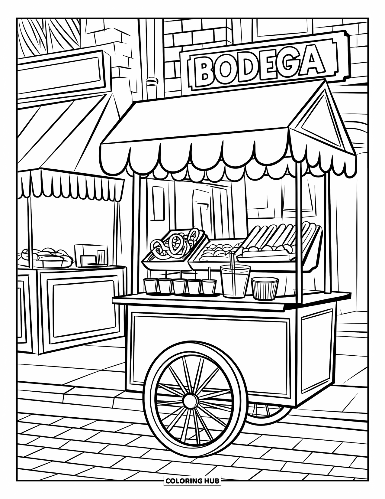 Coloriage d'aliments pour enfants : Chariot de bretzels et de churros dans une rue pavée près d'une bodega