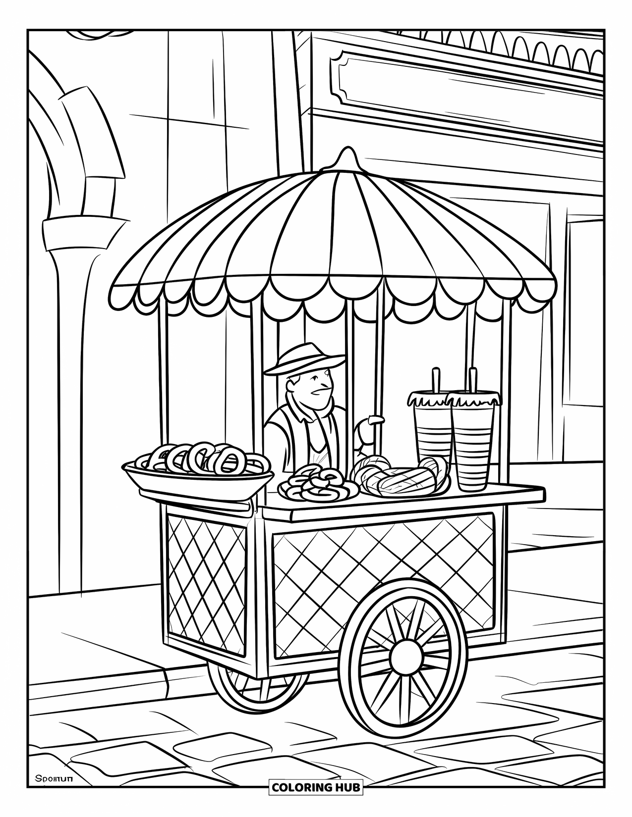 Coloriage d'aliments pour enfants : Chariot de bretzels avec des collations et un vendeur devant un panneau de magasin