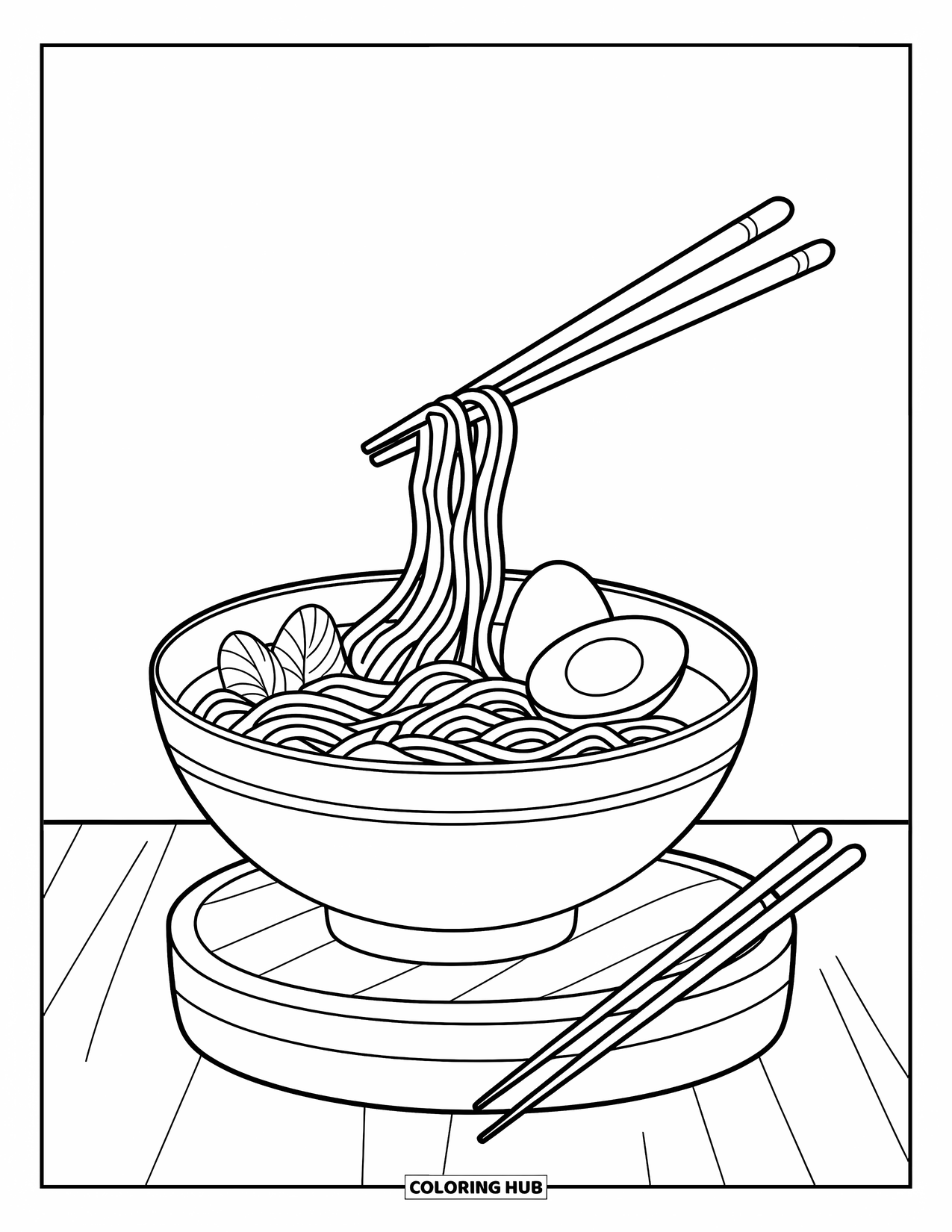 Coloriage d'aliments pour enfants : Bol de ramen avec des nouilles, un œuf et des baguettes en l'air sur une base en bois