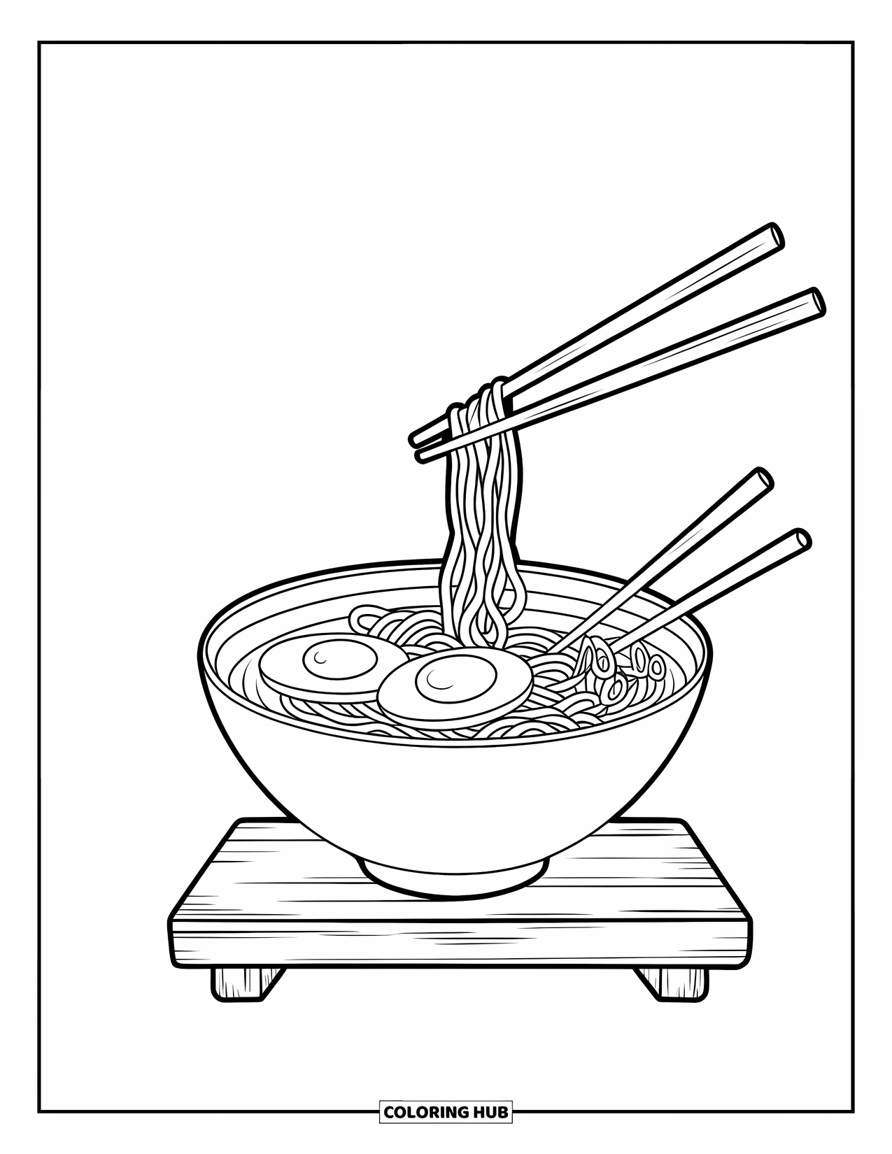 Coloriage d'aliments pour enfants : Ramen avec œuf et baguettes flottant au-dessus du bol