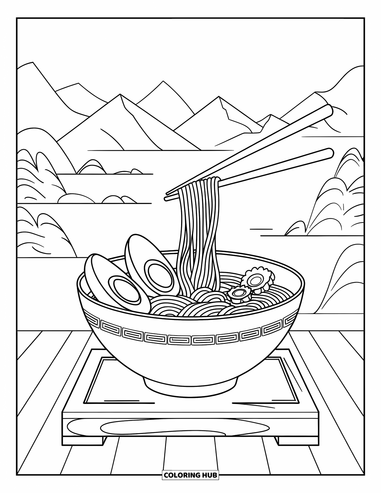 Coloriage d'aliments pour enfants : Ramen avec œuf et baguettes en l'air sur fond de paysage montagneux paisible