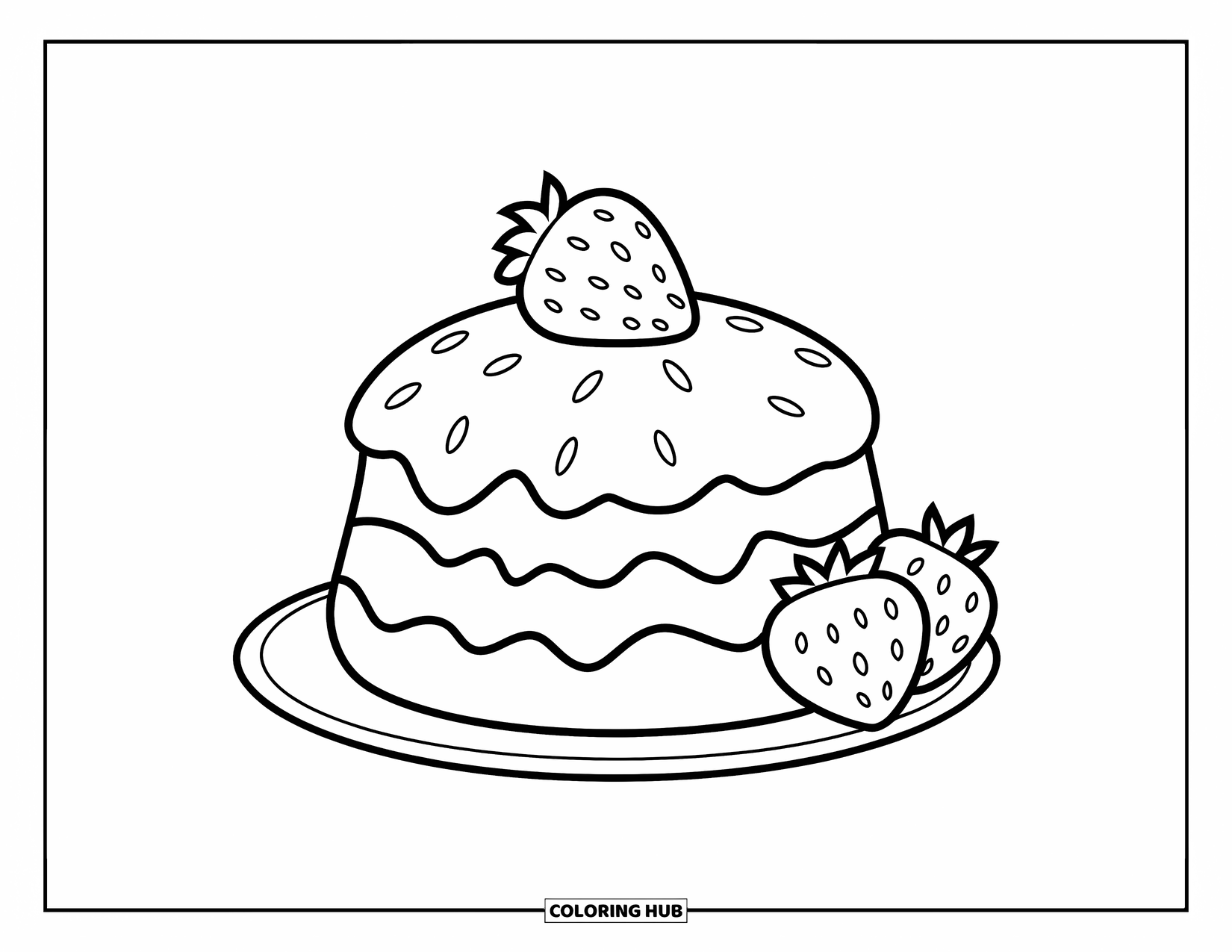 Coloriage d'aliments pour enfants : Shortcake avec une fraise sur le dessus et deux sur le côté