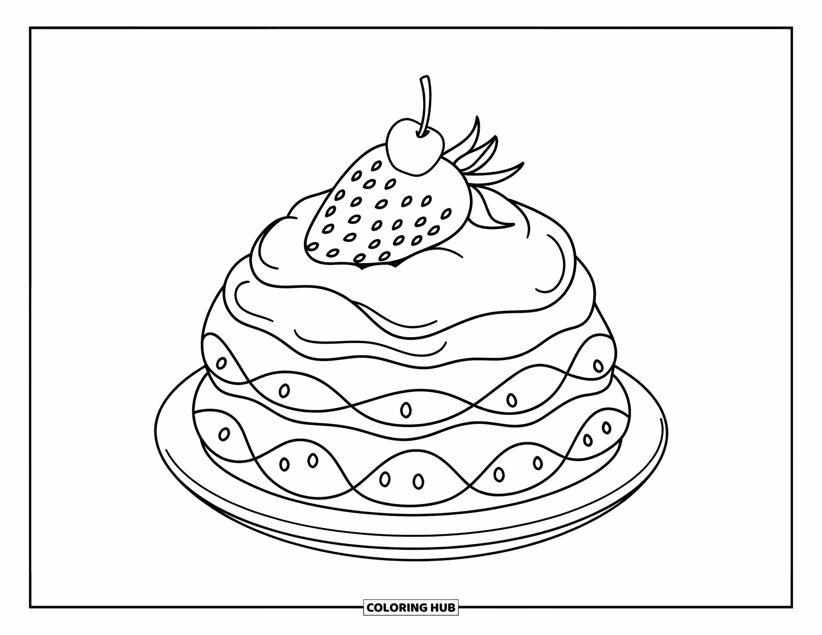 Coloriage d'aliments pour enfants : Shortcake avec une fraise tranchée et une cerise sur une assiette