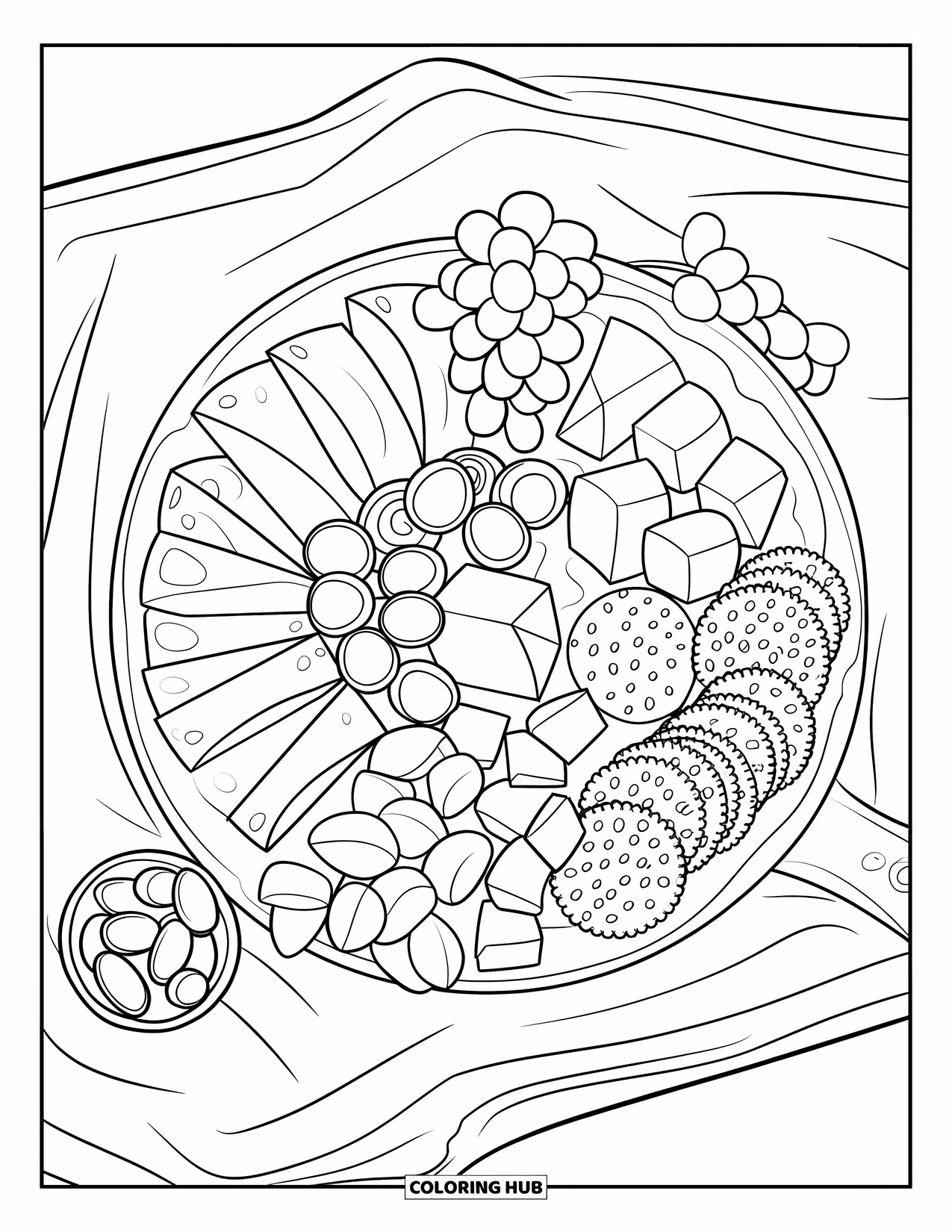 Coloriage d'aliments pour enfants : Planche de collations avec des viandes, du fromage, des raisins, des olives et des craquelins