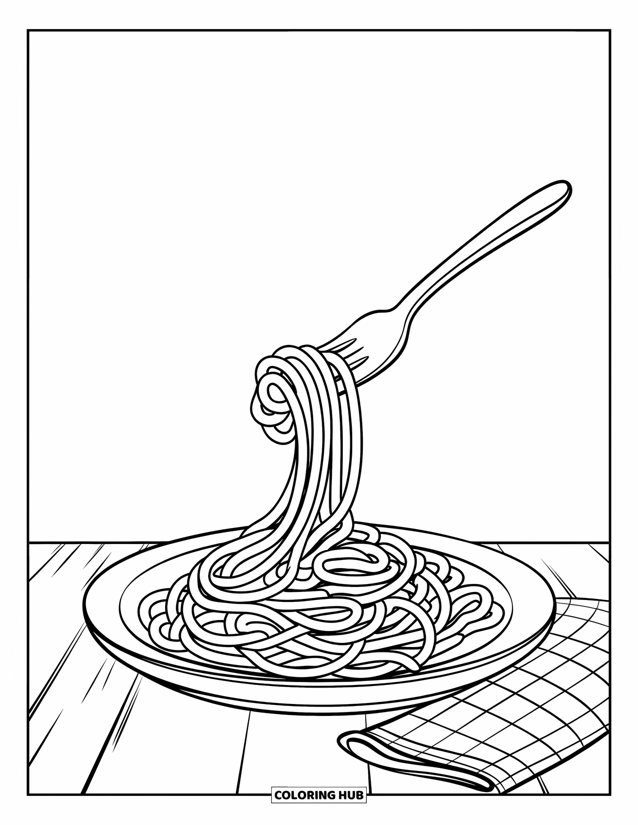 Coloriage d'aliments pour enfants : Assiette de spaghettis avec une fourchette tournant des nouilles et une serviette à carreaux