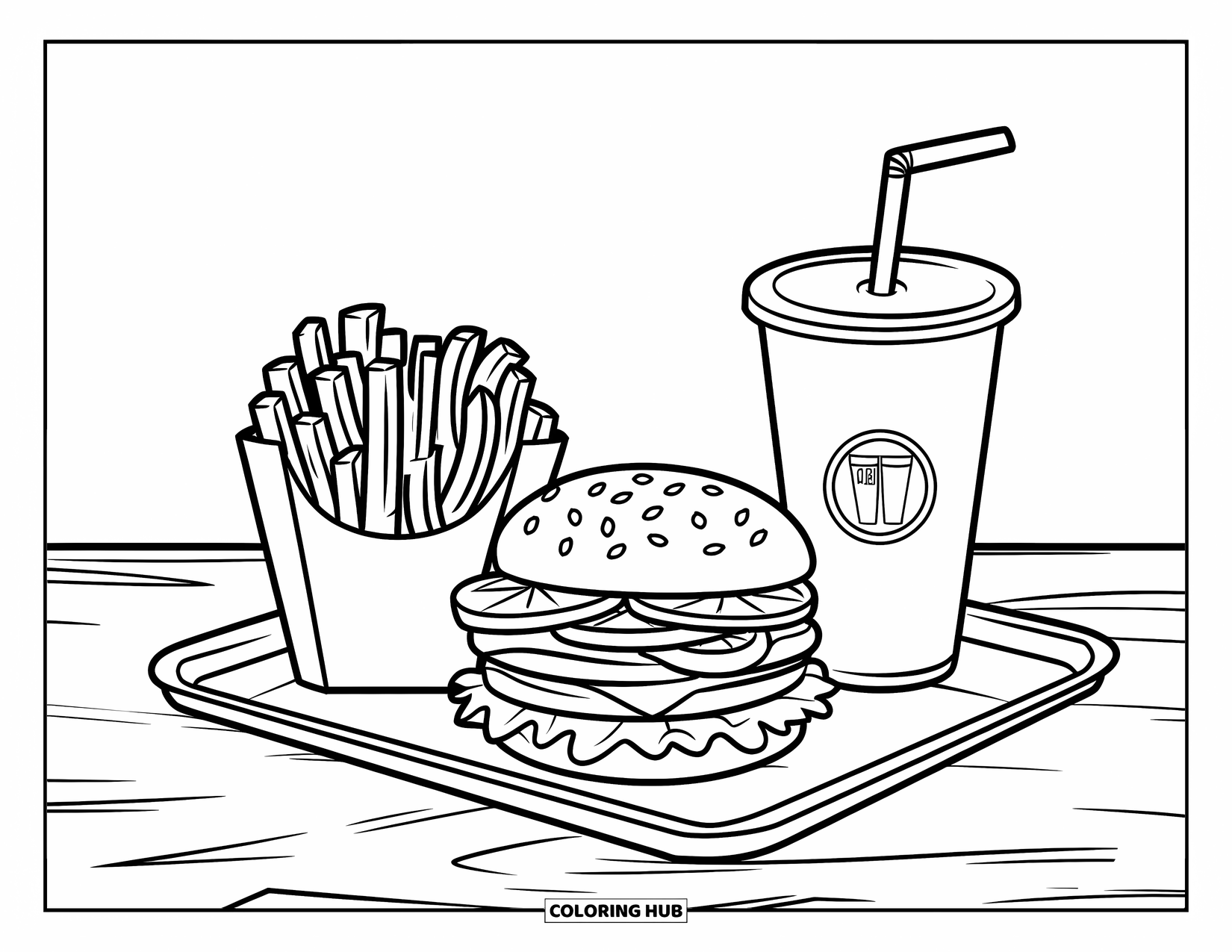 Coloriage d'aliments pour enfants : Burger empilé, frites croustillantes et soda sur un plateau en bois