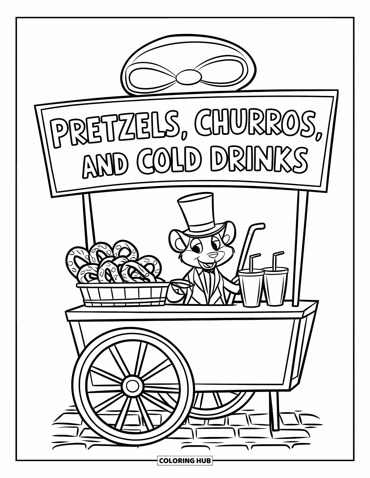 Coloriage d'aliments pour enfants : Chariot de rue avec des bretzels, des churros et un vendeur de rat élégant
