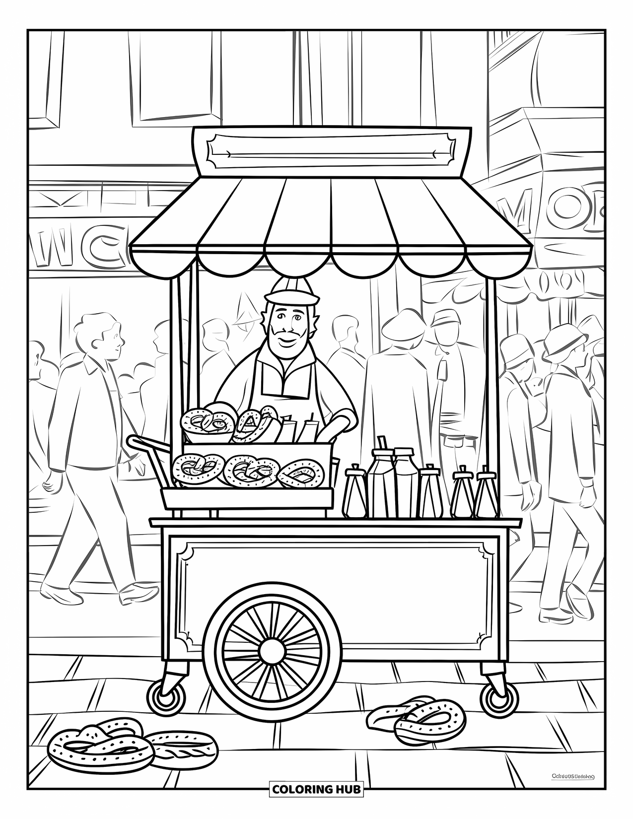 Coloriage d'aliments pour enfants : Chariot de vendeur de rue avec des friandises dans une rue animée