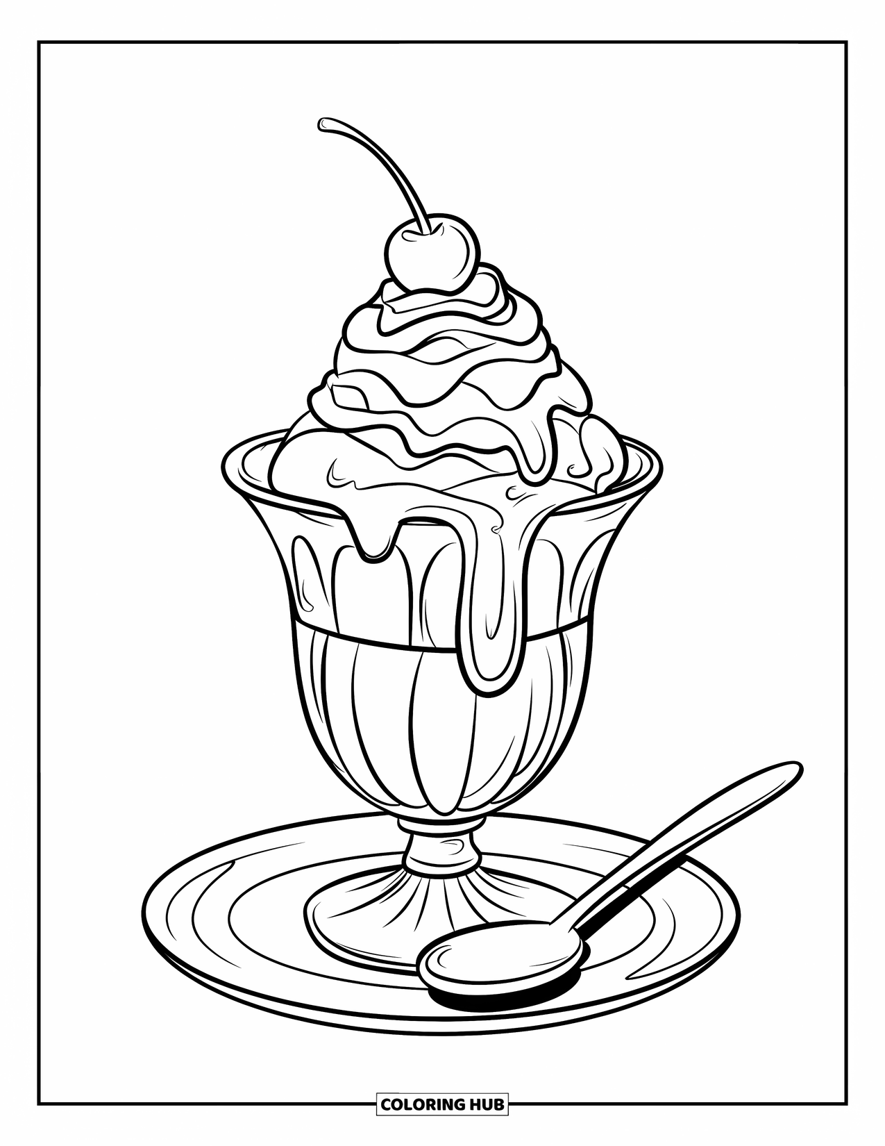 Coloriage d'aliments pour enfants : Coupe glacée garnie de crème fouettée, de vermicelles et d'une cerise à côté d'une cuillère