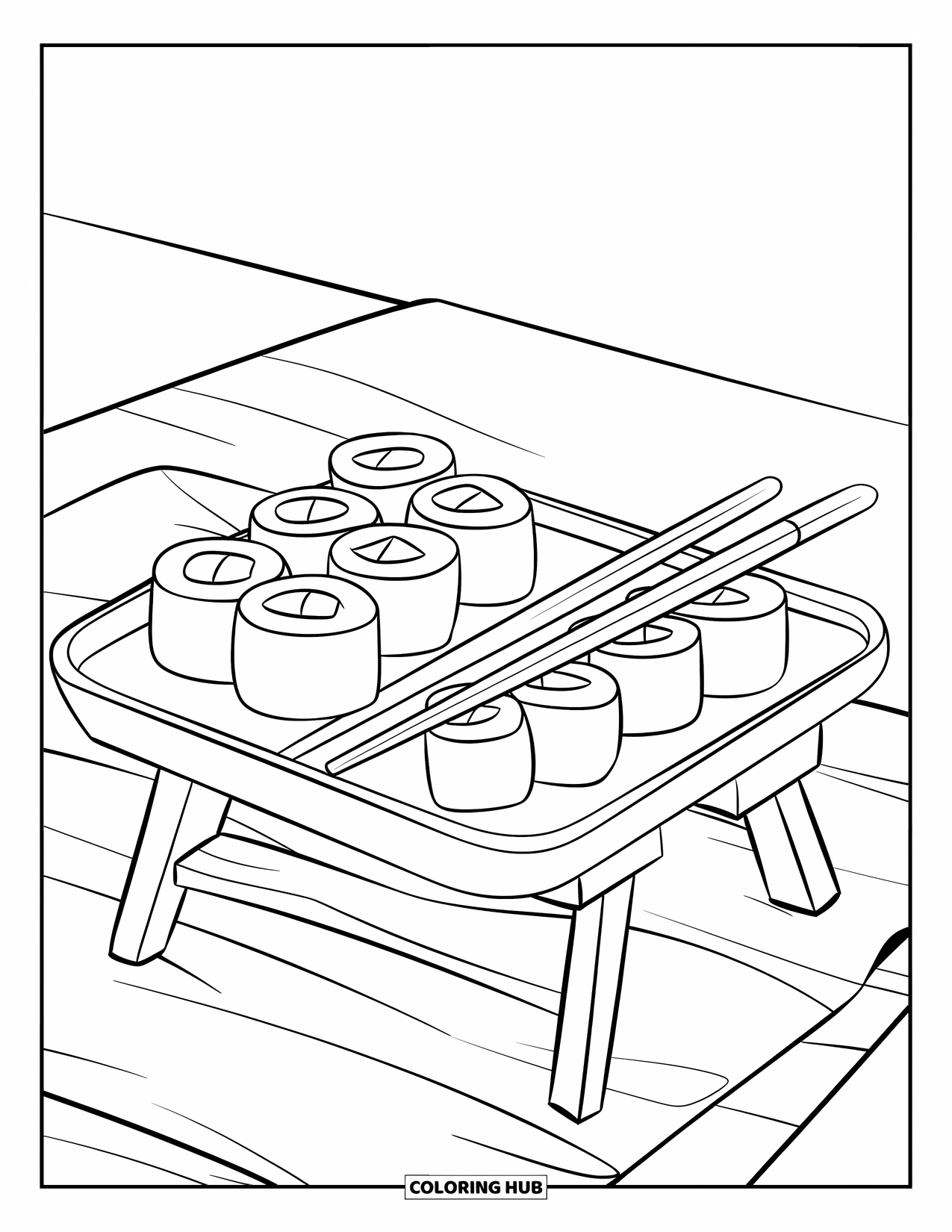 Coloriage d'aliments pour enfants : Rouleaux de sushis et baguettes soigneusement placés sur un plateau