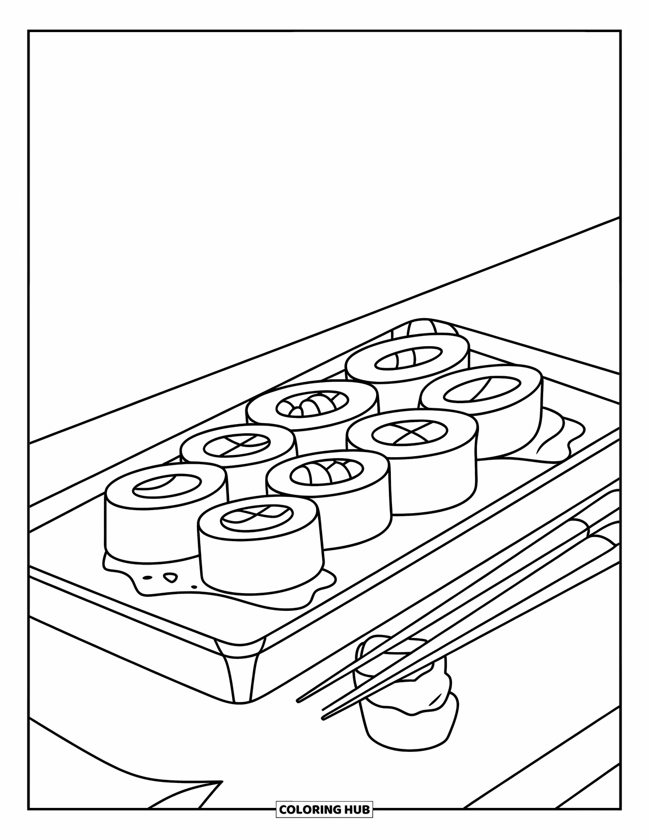 Coloriage d'aliments pour enfants : Plateau de sushis avec des rouleaux variés et des baguettes sur un fond blanc